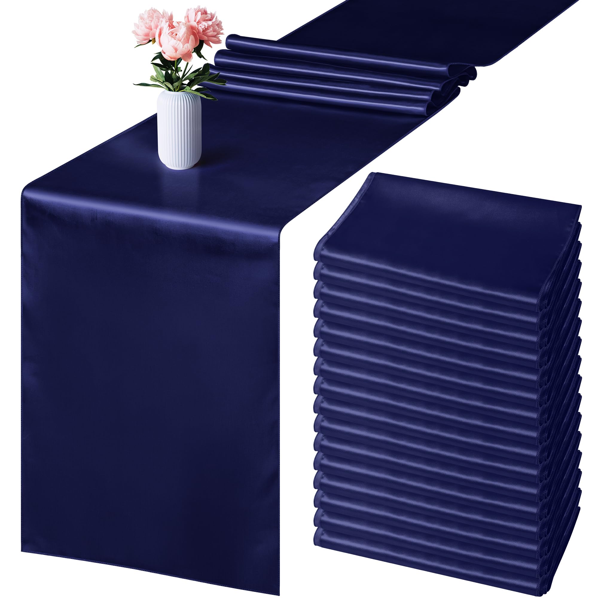 Aneco 16 Pack Satin Table Runner 12 X 108 Inch Navy Blue Long Wedding Satin Silk Table Runner For Wedding Banquet Graduations Bi