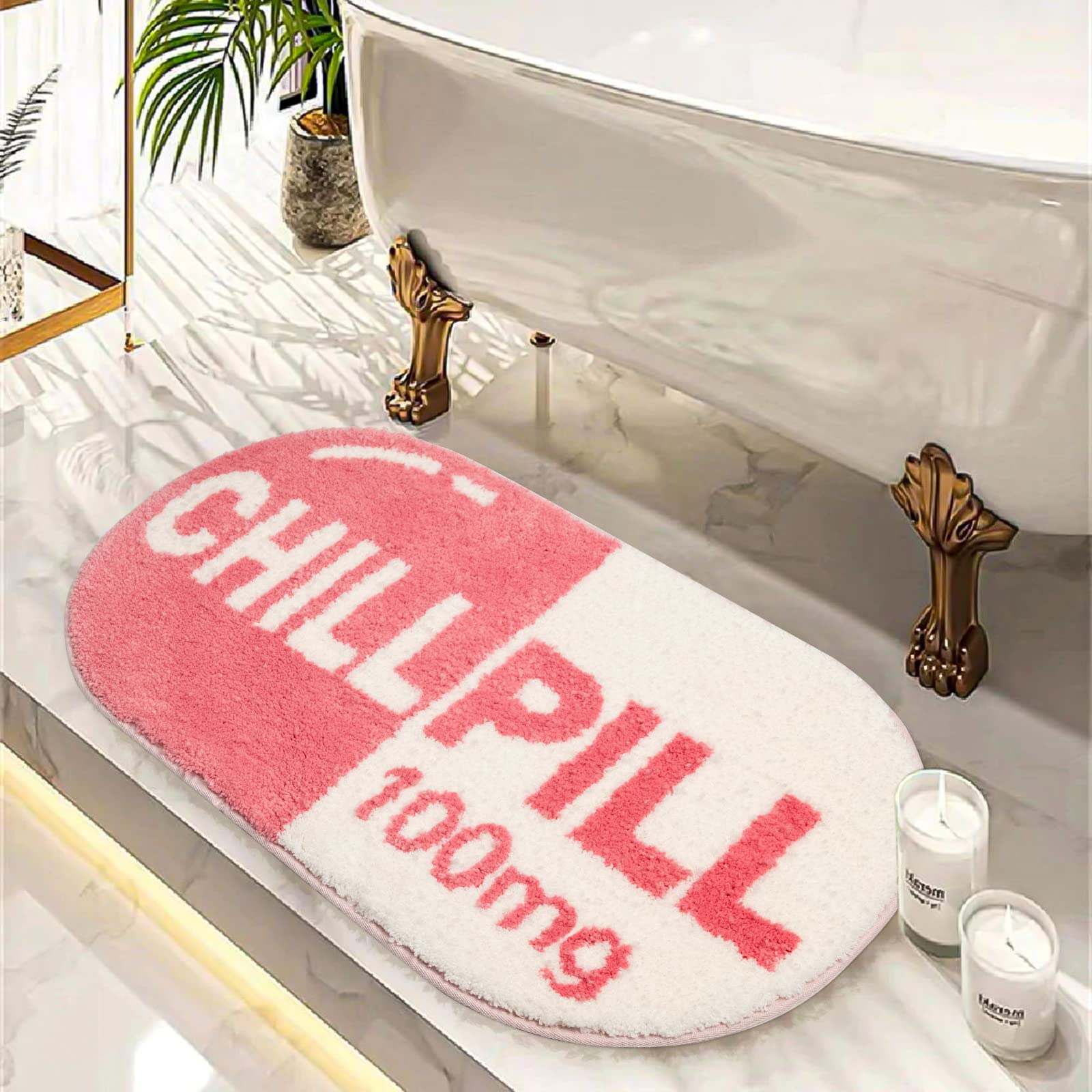 Rora Funny Cute Chill Pill Bath Mat Small Pink Bathroom Rugs Preppy Bathroom Decor Aesthetic Bath Rug Non Slip Washable Water Ab