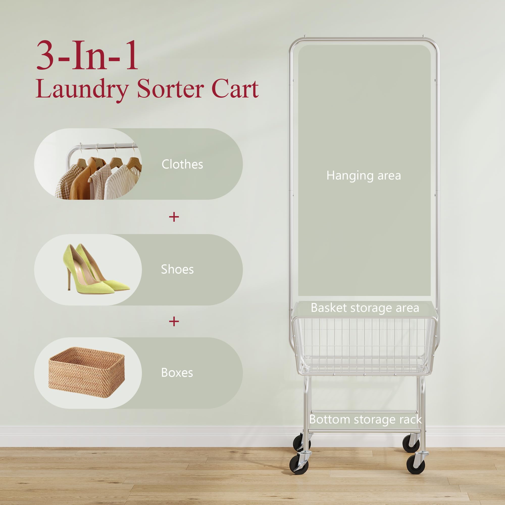 Tajsoon Laundry Cart With Hanging Rack, Metal Laundry Basket With Wheels, Laundry Hamper With Storage Basket, Rolling Laundry Ca