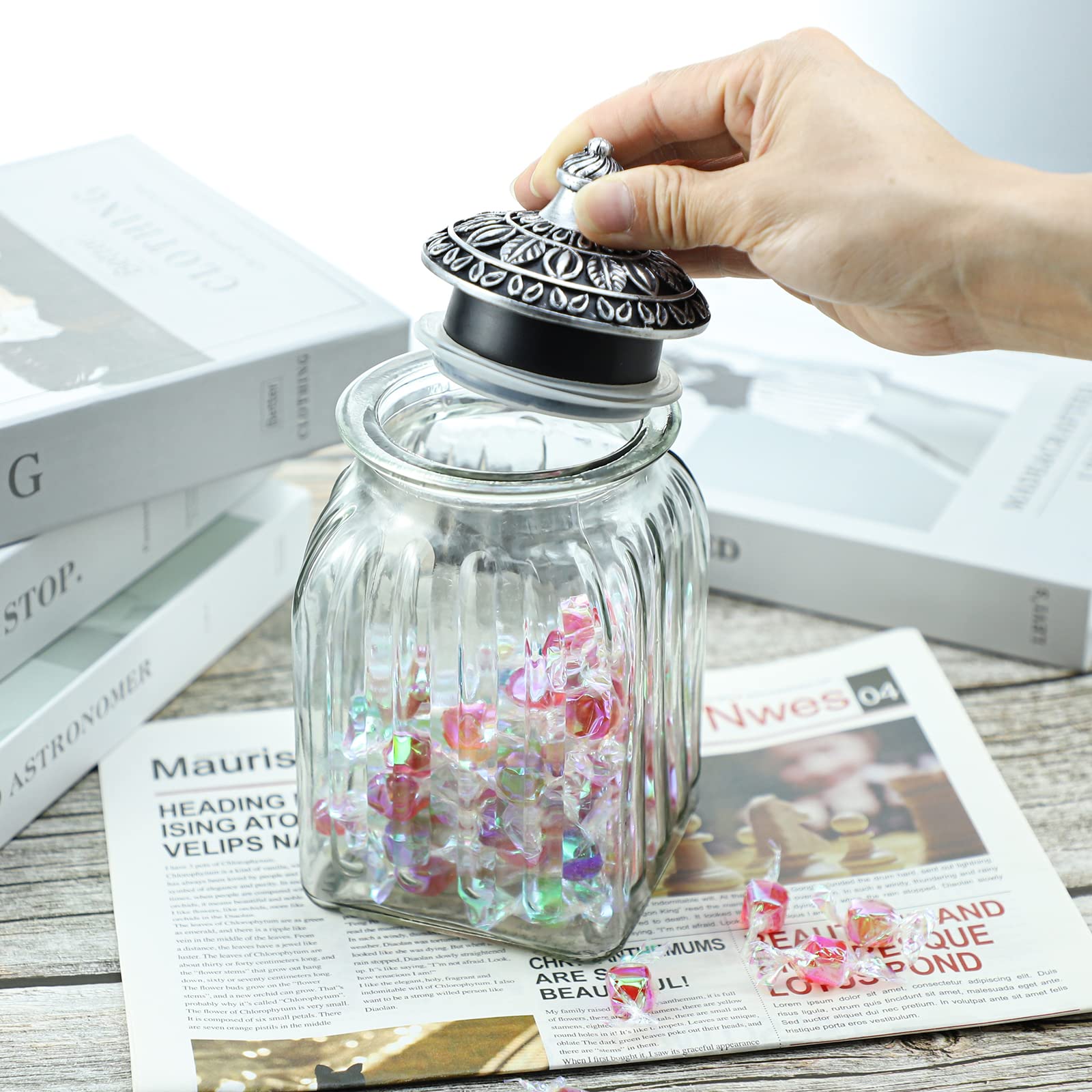 SOCOSY Vintage Transparent Glass Candy Jar with Lid Food Jar Nut Jar Jewelry Box Wedding Candy Buffet Jars Kitchen Storage Containers-30 oz