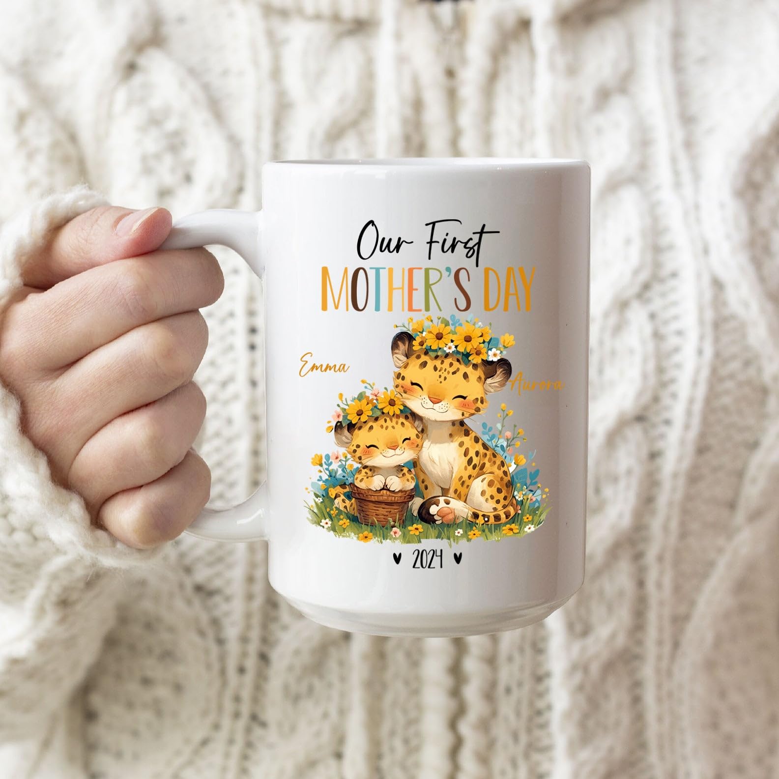 Mugs For New Mummy, Mom And Baby Leopard Coffee Mug, Personalized Leopard Mama & Baby Ceramic Cup, Custom Our First Mothers Day