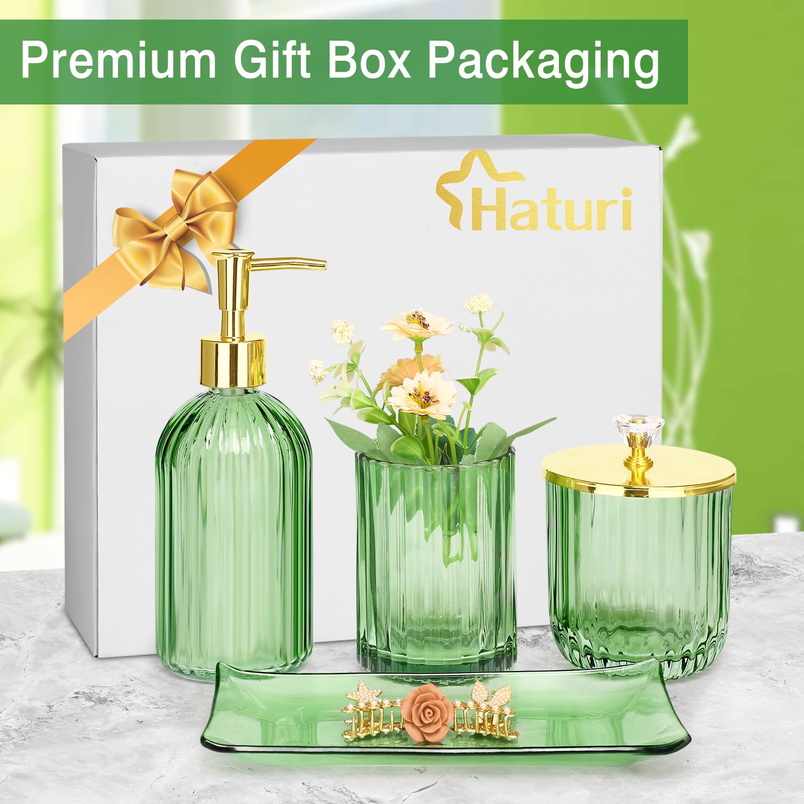 Haturi Bathroom Accessories Set  4 Pcs Green Glass Bathroom Accessories Sets Complete w/Lotion Soap Dispenser  Toothbrush Holder  Apothecary Jar  Vanity Tray  Bathroom Decor  Gift for Home Apartment