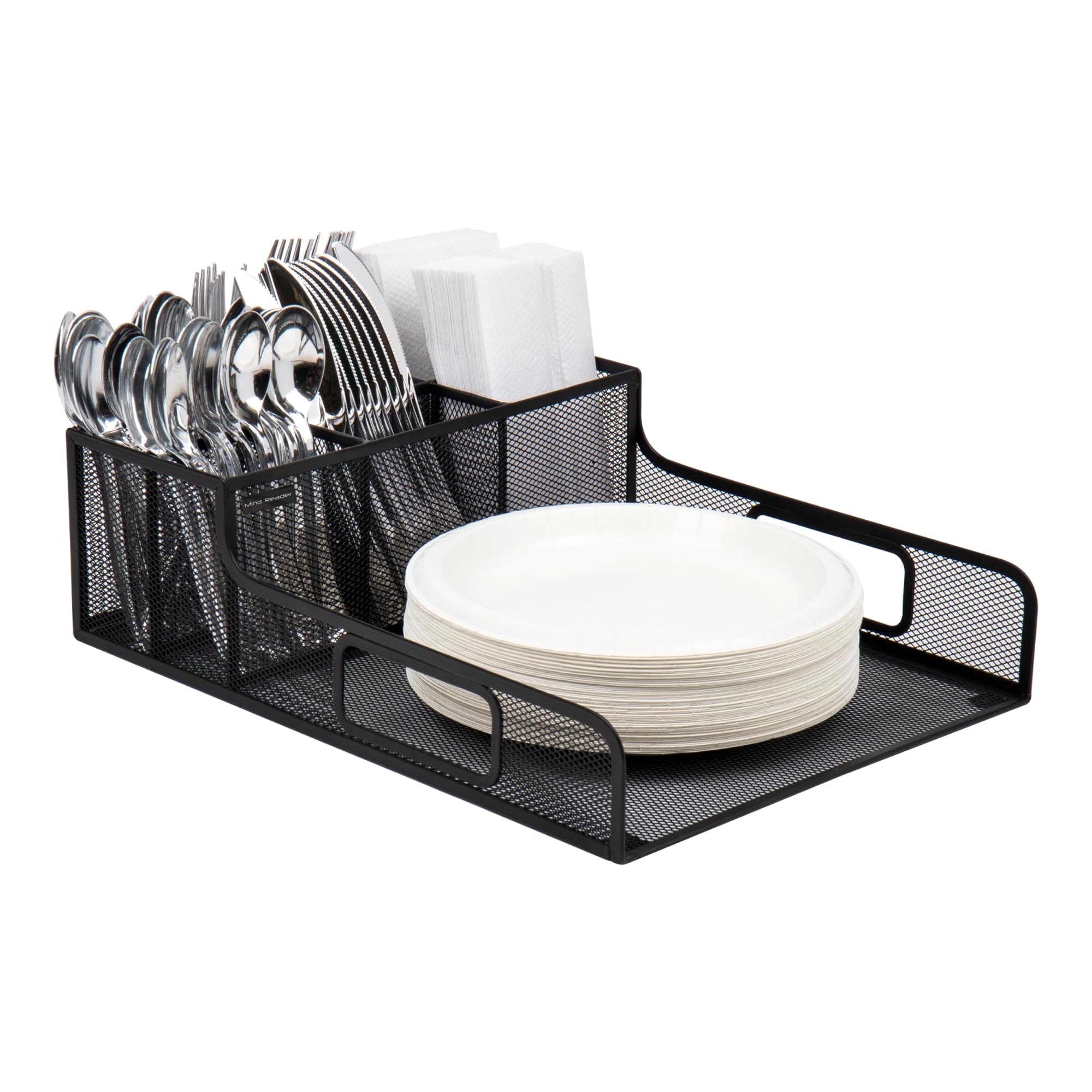Mind Reader Utensil Napkin & Plate Holder, Silverware Organizer, Serving Tray, Metal Mesh, 11.5'' L X 14.75'' W X 5.5'' H, Black