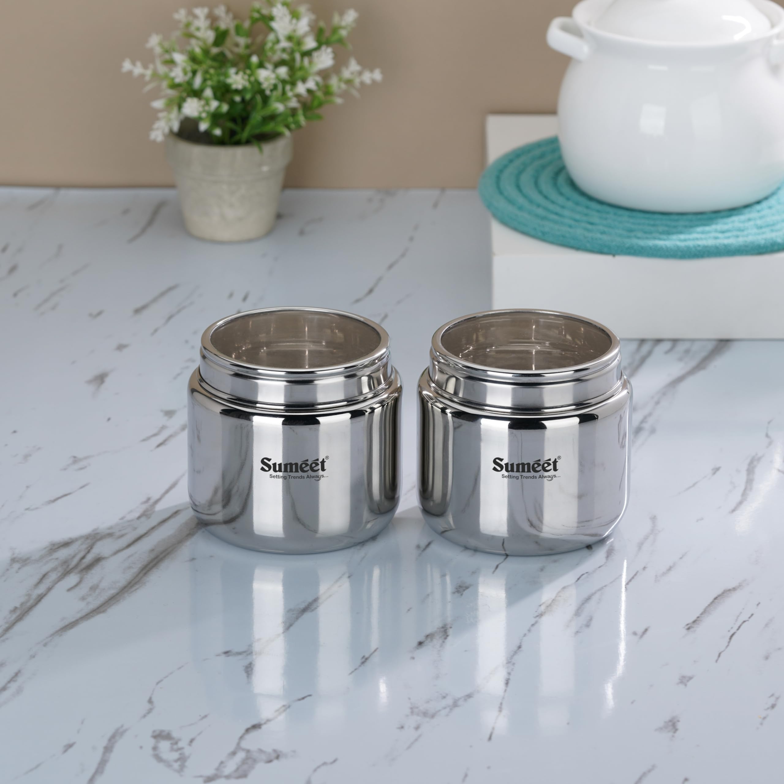 Sumeet Stainless Steel Small Canisters/Dabba/Storage Containers For Kitchen With See Through Lid, Set Of 2 Pcs, 400Ml Each, 9Cm 