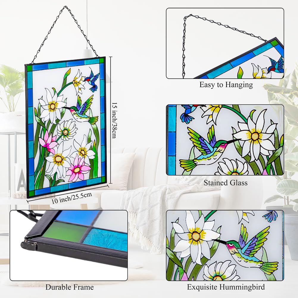 Viveta Stained Glass Window Hanging, Hummingbird Suncatchers Panels, Glass Window Panel Hanging Ornament, Hand-Painted Art Decor