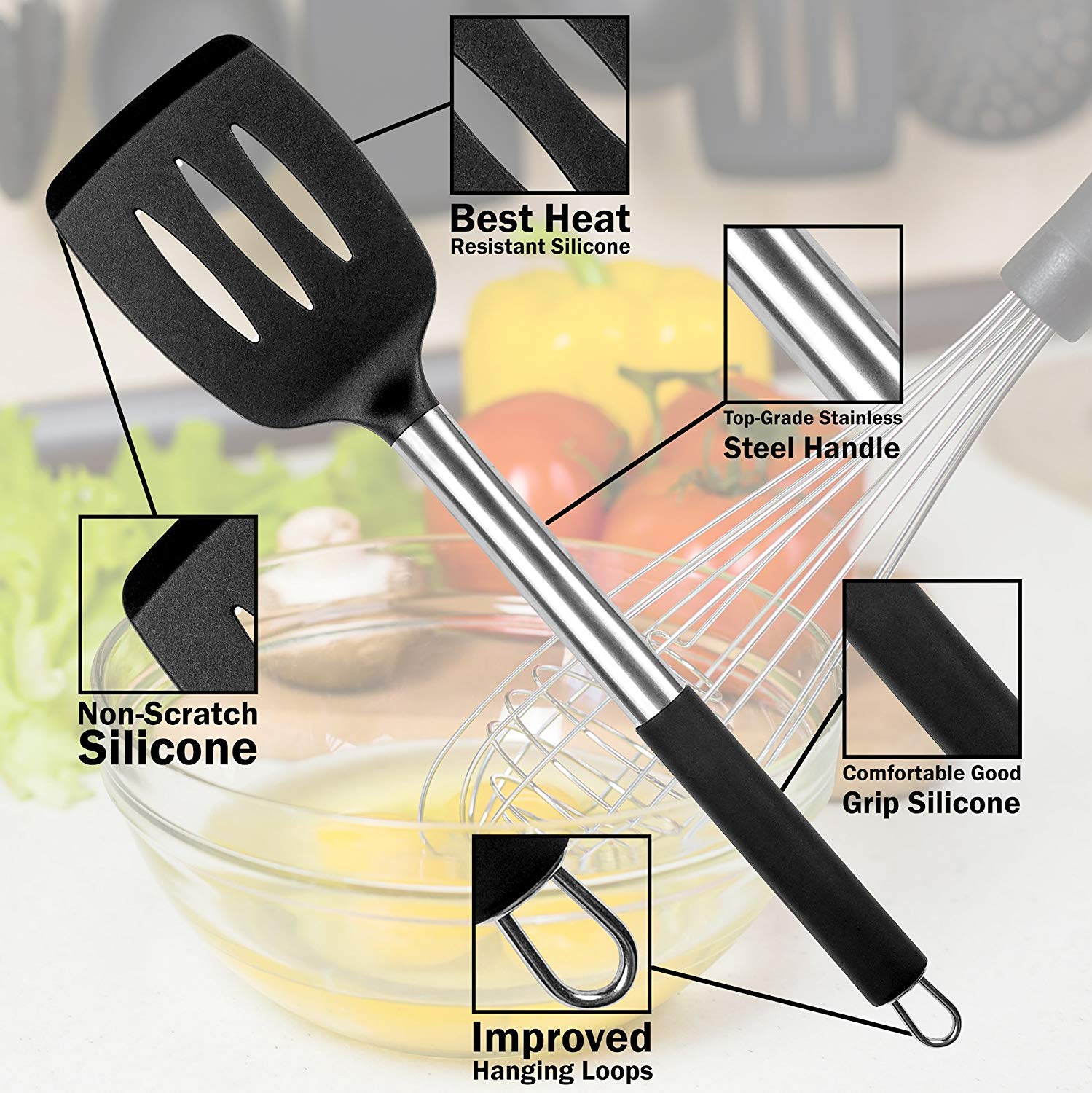 Mibote 15 Pcs Silicone Kitchen Utensils Set, Cooking Utensils Set With Heat Resistant Bpa-Free Silicone And Stainless Steel Hand