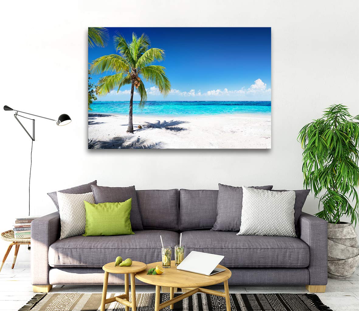 Baisuart-S03969 Large Canvas Wall Art Summer Ocean Waves Prints Coconut Trees on Sands Beach Seascape Painting Sea Nature Pictures Framed for Living Room Home Office Wall Decor Artwork