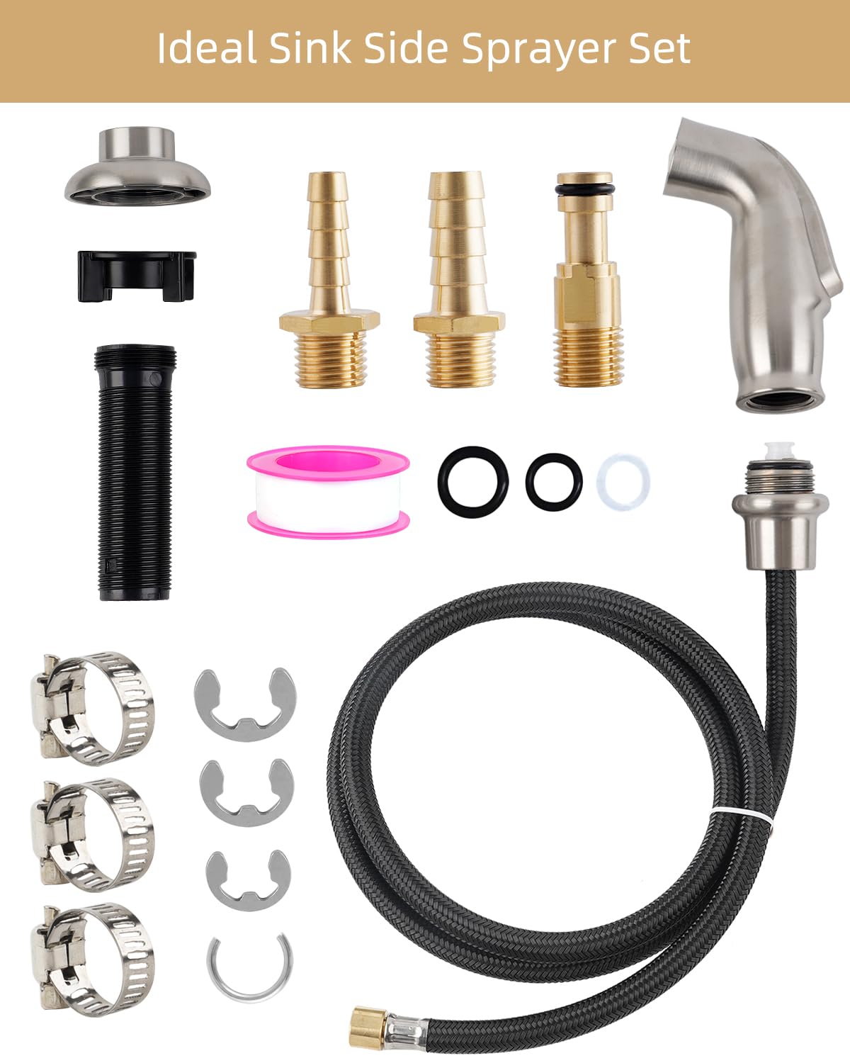 Hygie Rinse Kitchen Sink Side Sprayer Attachment, Brushed Nickel, Model HYsidesprayer-8036Braided, Quick Connector, Braided Hose