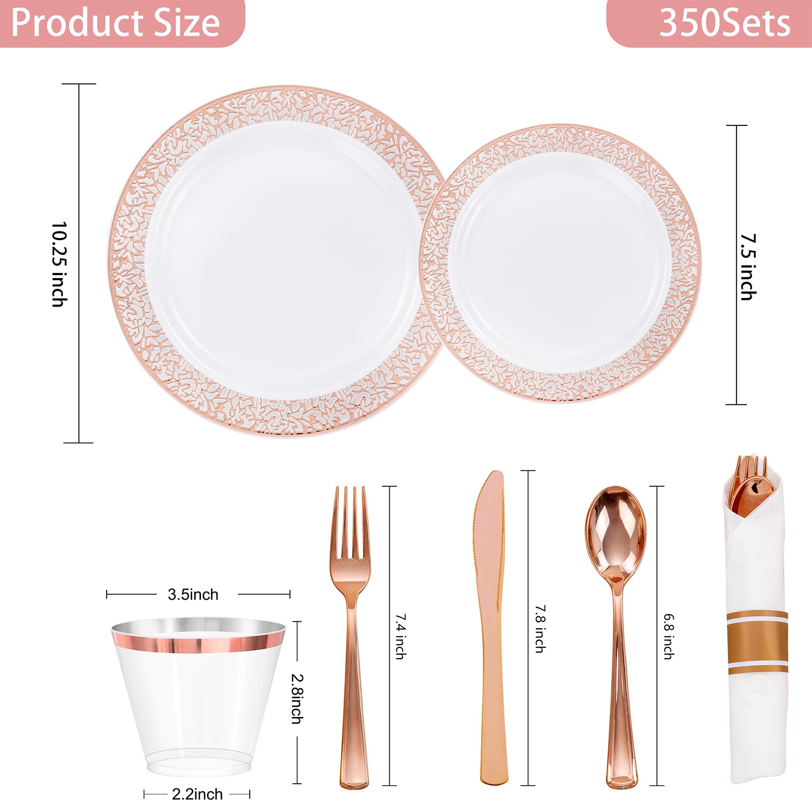 Wellife 350 Pieces Valentines Rose Gold Plastic Dinnerware, Disposable Rose Gold Lace Plates, Include:50 Dinner Plates, 50 Desse