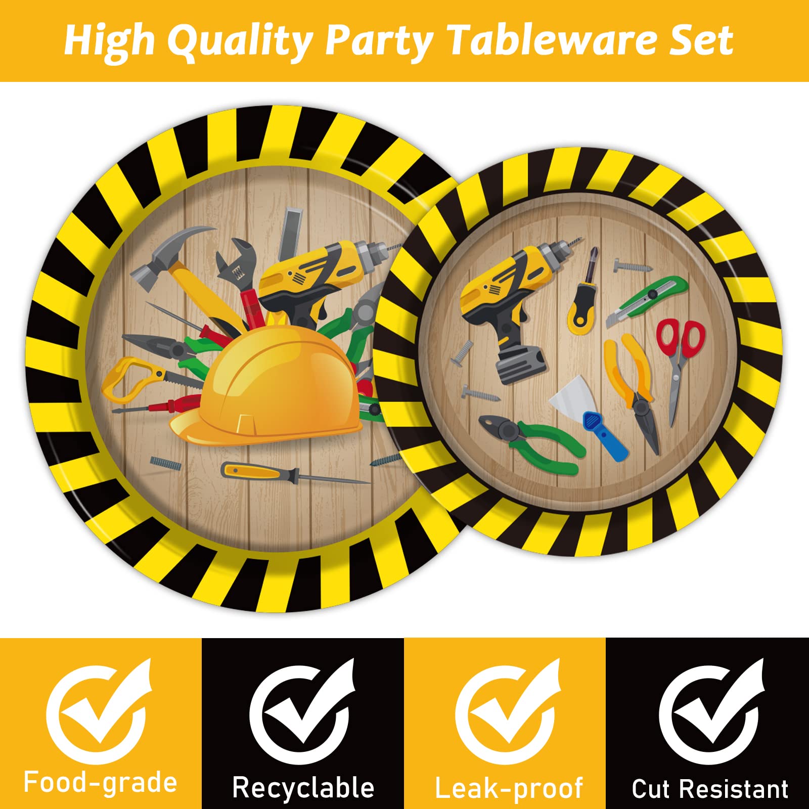 chiazllta 96 Pcs Handyman Tools Party Paper Plate and Napkins Construction Birthday Party Decorations Little Builder Handy Party Paper Plates Napkins Forks for Party Favors 24 Guests