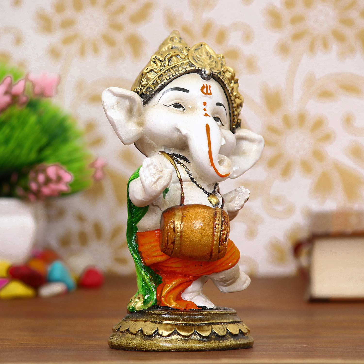 Ecraftindia Handcrafted Polyresin Lord Ganesha Idol Playing Dholak Musical Instrument Decorative Showpiece Ideal For Home, Offic