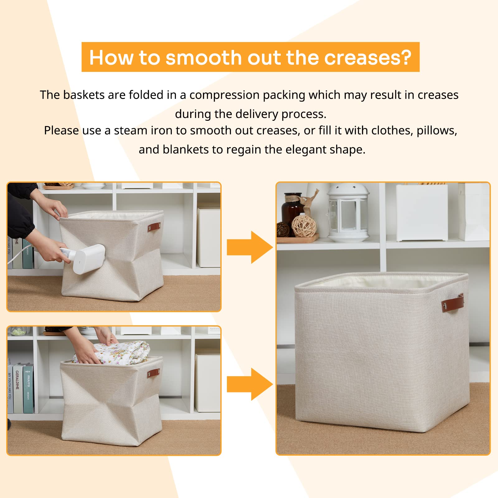 DULLEMELO Storage Bins  4 Pack Of 13x13x13 Decorative Storage Cube Bins Suit Office  Home  Shelves And Closet  Cube Storage Bin with Leather handle(4 Pack - 13 '' Beige)