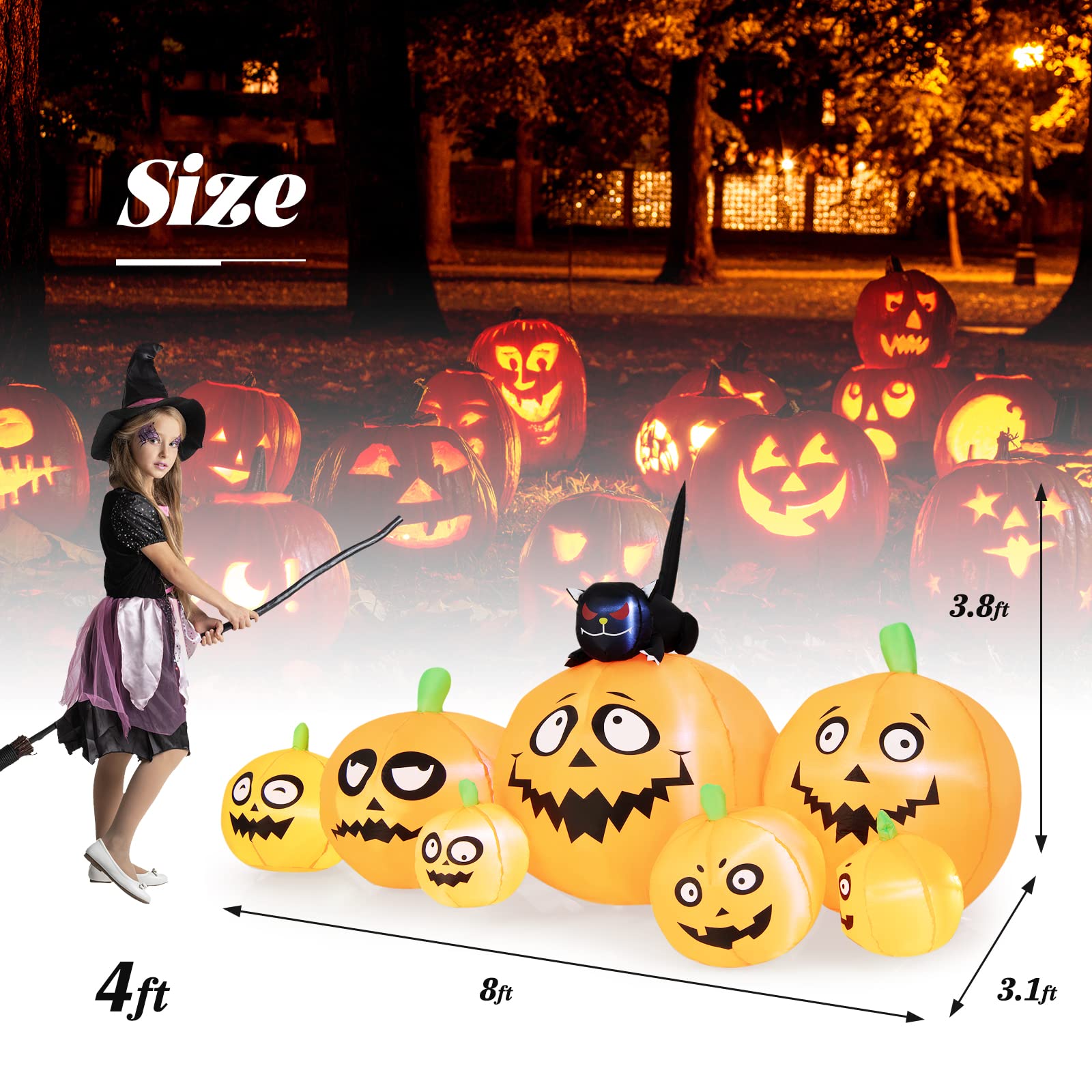 Tangkula 8 FT Halloween Inflatable Pumpkin Patch Lanterns with Witchs Cat, Blow Up 7 Pumpkins Family with Built-in LED Lights &