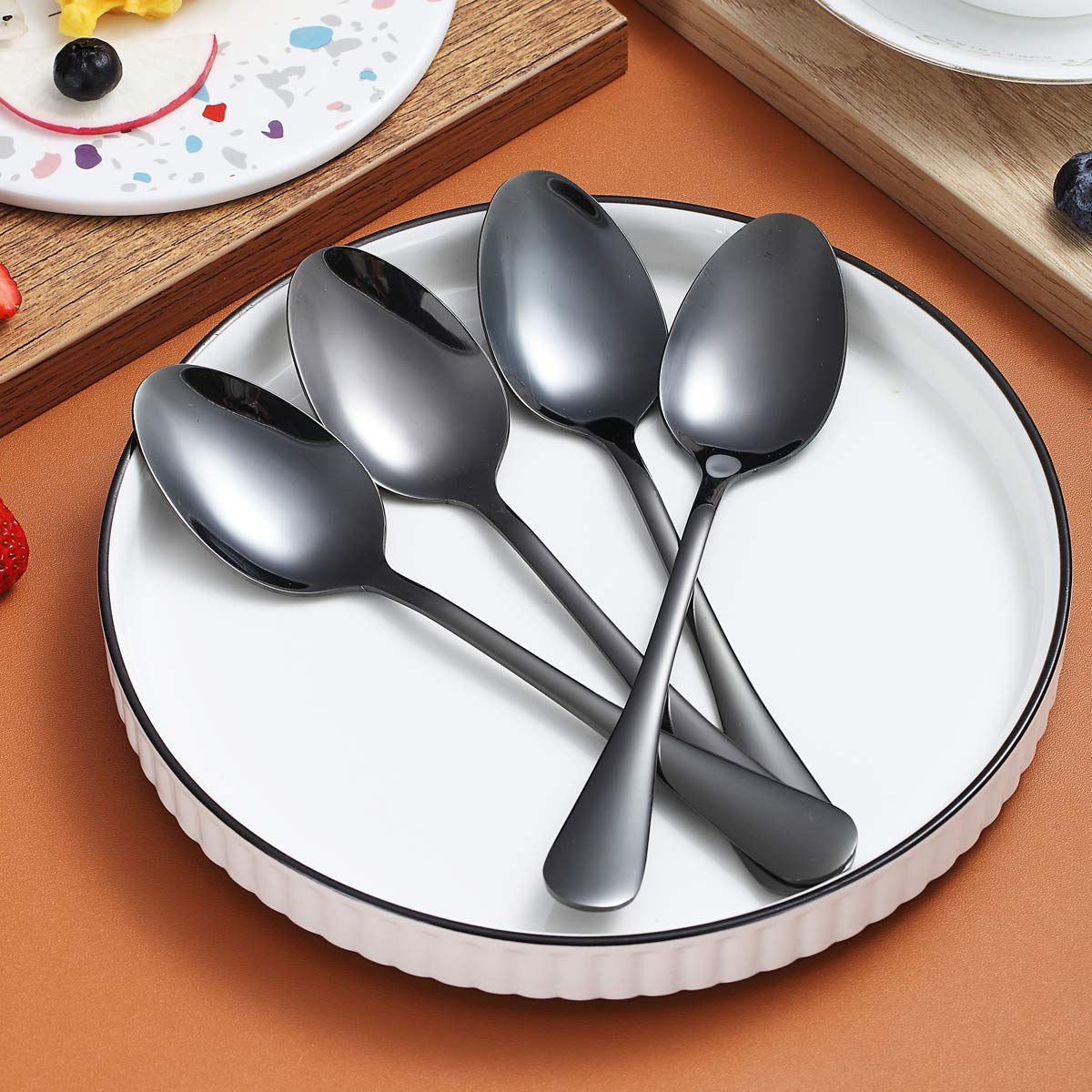 Black Dinner Spoon Of 4, Berglander 7.5'' Stainless Steel Titanium Plating Shiny Black Soup Spoons Silverware, Black Soup Spoon