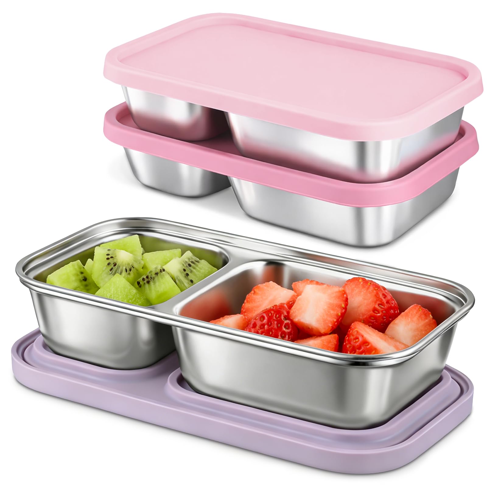 EC-Gaze 3 Pack Stainless Steel Snack Containers with Silicone Lids, 2-Compartment Snack Containers for Lunch, Office, Travel & C