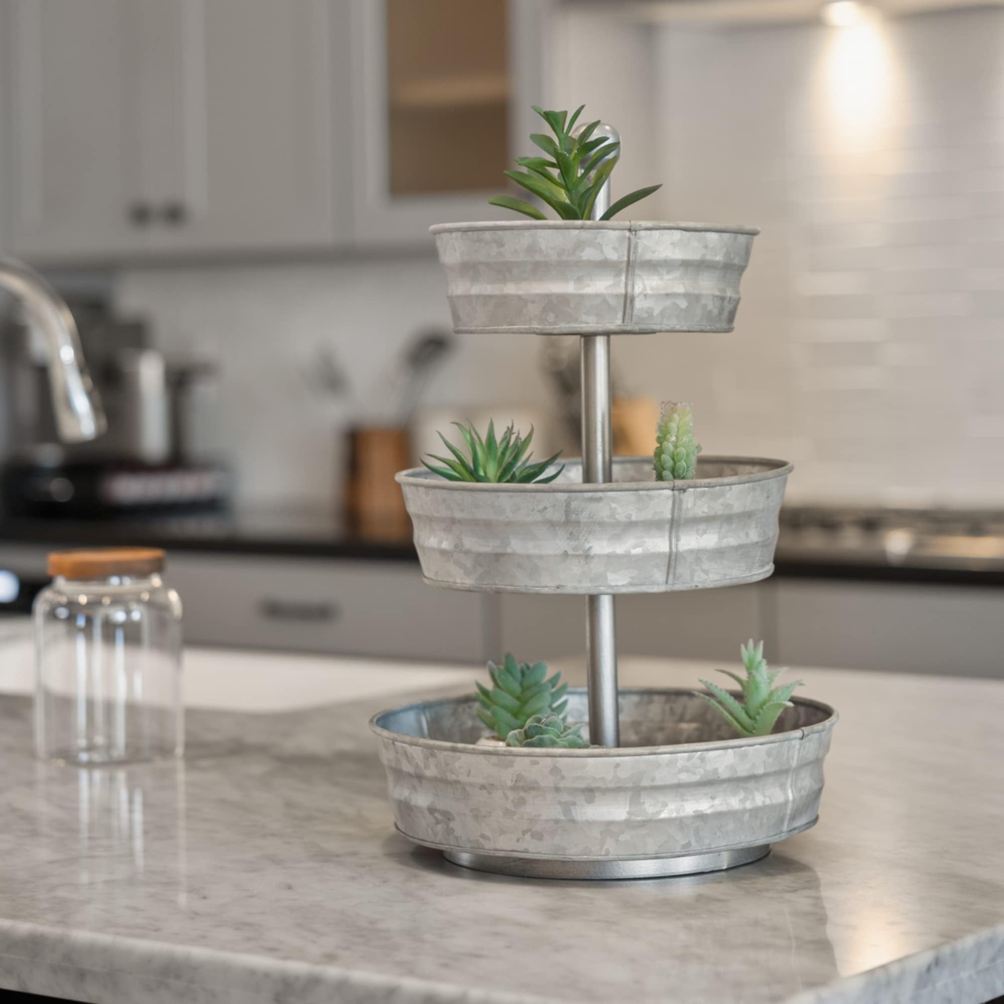 Wallcharmers 3 Tier Galvanized Round Metal Tray, Three Tiered Serving Tray For Farmhouse Or Cottage Theme Decor, 18 Inches, Size