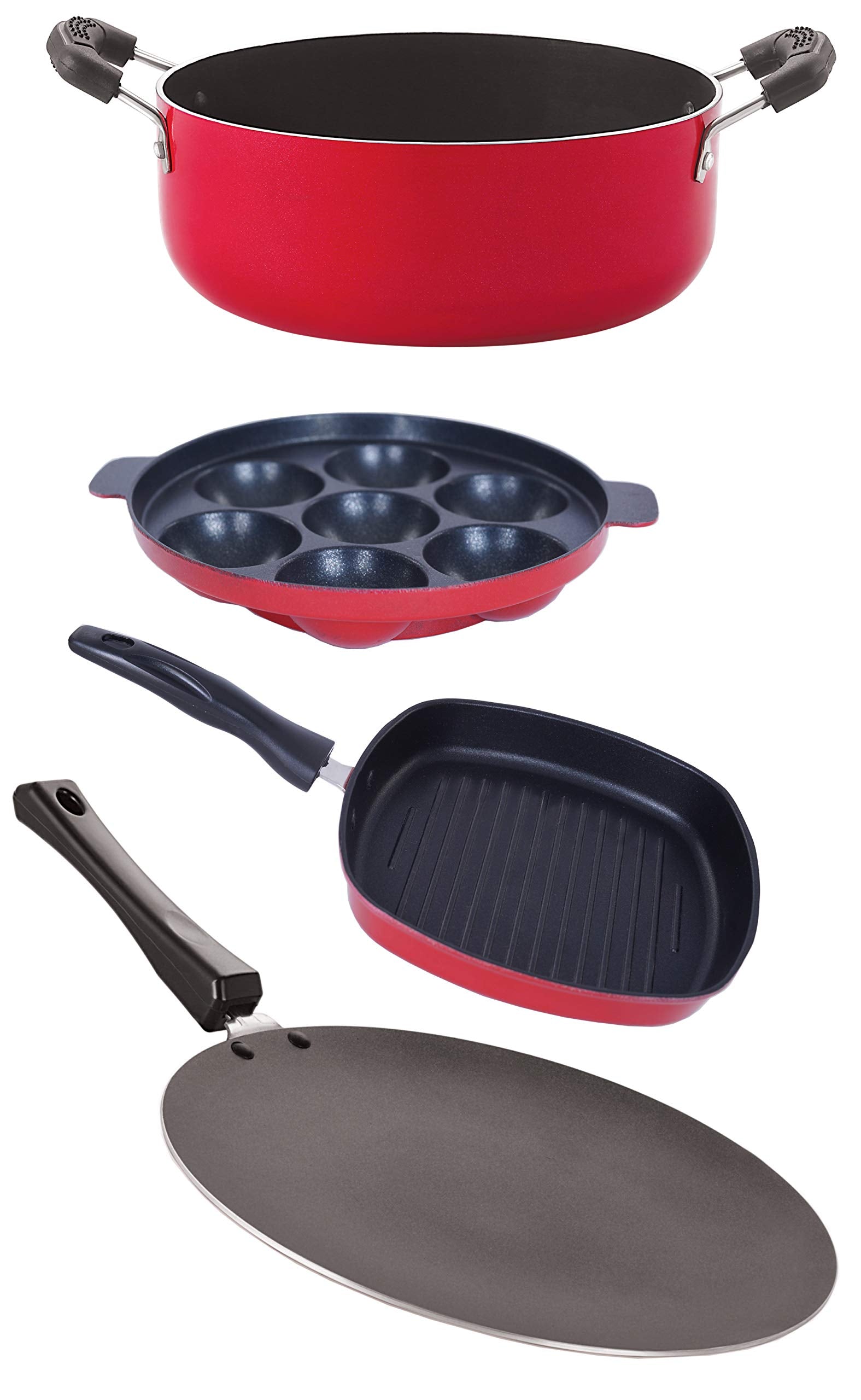 Nirlon NonStick Coated Dishwasher Safe Aluminium Kitchen Utencils Combo 4 Pieces Set (Concave Tawa 28.5Cm + Appam 7 Cavity + Gr