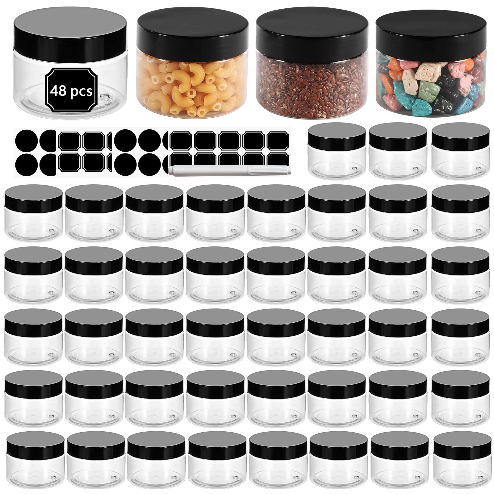 48 Pack 120Ml 4 Oz Empty Clear Plastic Jars With Black Lids, Refillable Round Containers For Slime,Beauty Products, Powder, Crea