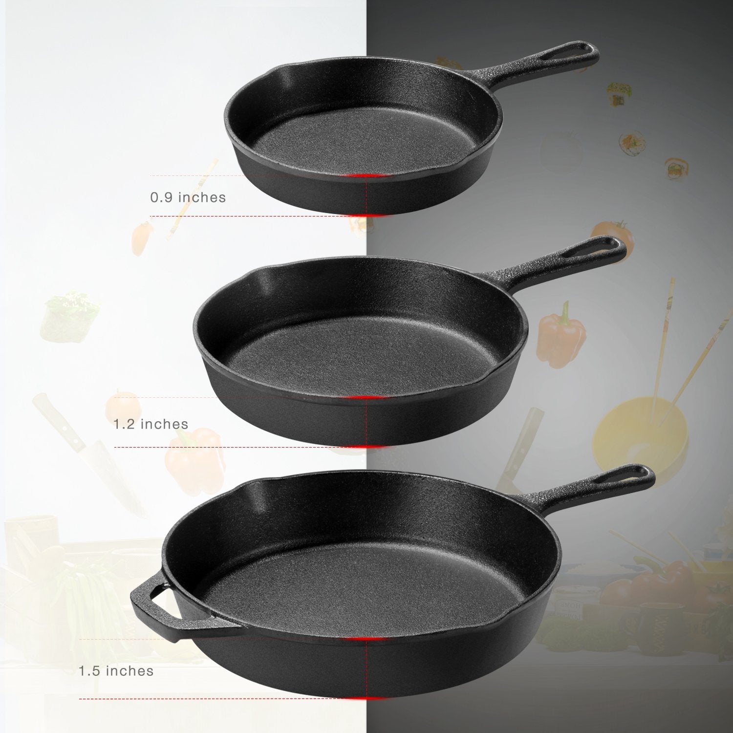 Kookantage Cast Iron Skillet Pre-Seasoned Cookware-6'', 8'', 10'' Pans 3 Piece Set Heavy Duty Professional Chef Tools With Silic