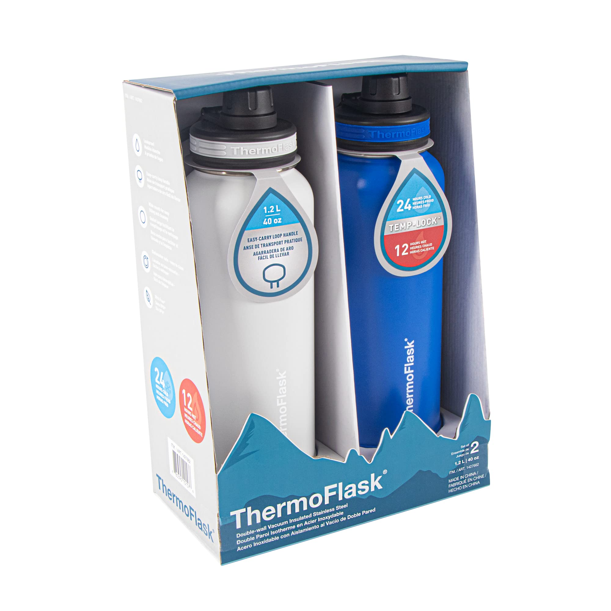 Thermoflask 40 Oz Double Wall Vacuum Insulated Stainless Steel 2-Pack Of Water Bottles, Ice Grey/Azure