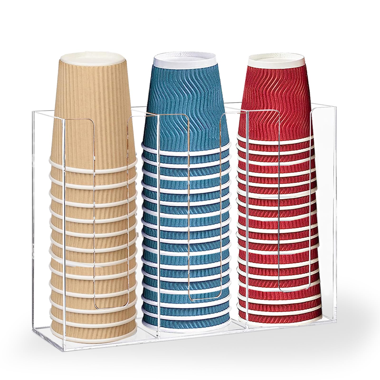 Coffee Cup Dispenser For Counter,Disposable Cup Lids And Straw Holder With 3 Compartments, Wall Mount Cup Holder For Plastic,Pap