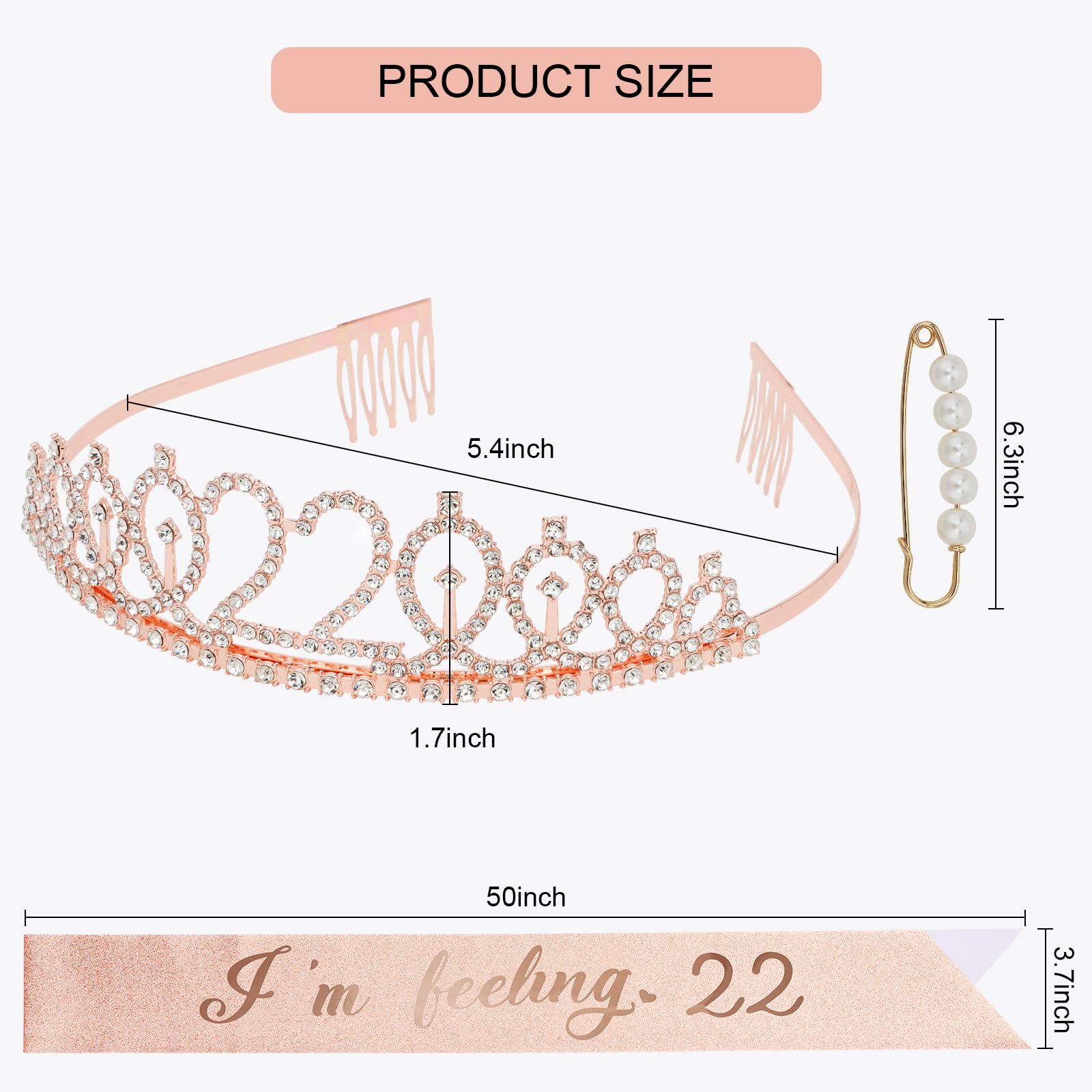 CIEHER 22nd Birthday Sash and Tiara Rose Gold, 22nd Birthday Decorations for Women 22nd Birthday Gifts 22nd Birthday Sash 22 Yea
