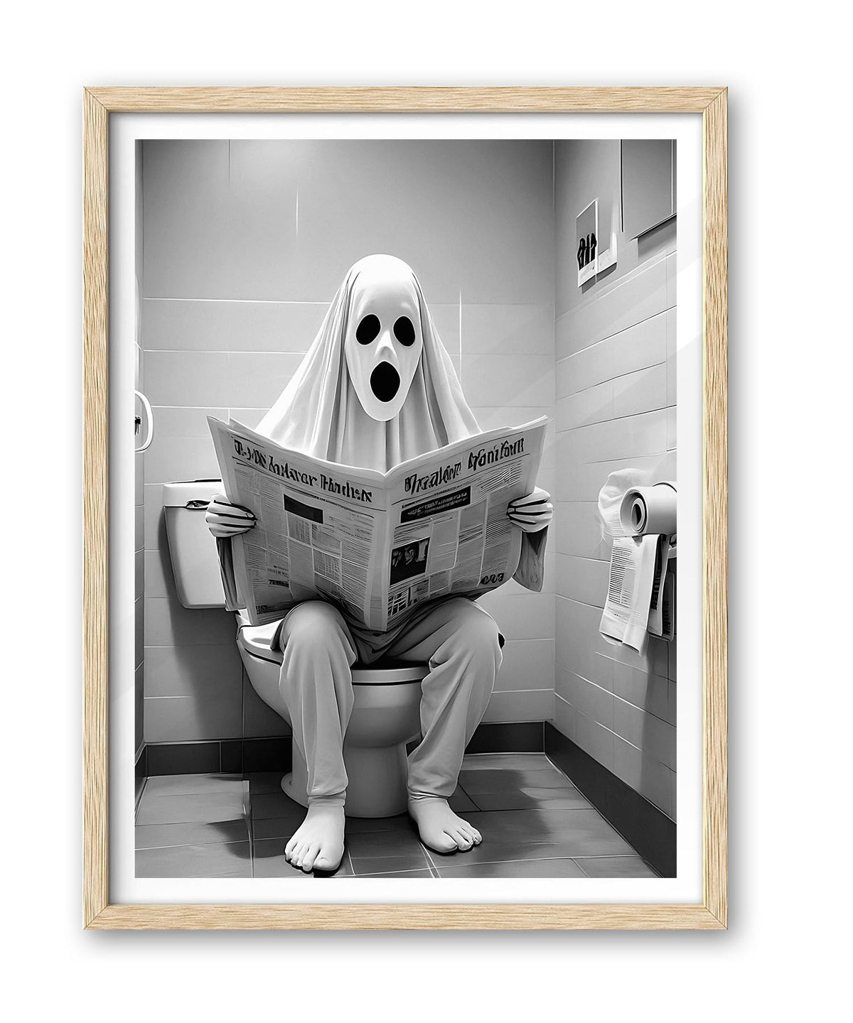 Ihery Natural Oak Wood Ghost Reading Newspaper On Toilet Framed Wall Art, 12X16 In Canvas Prints, Black And White Hypebeast Bath