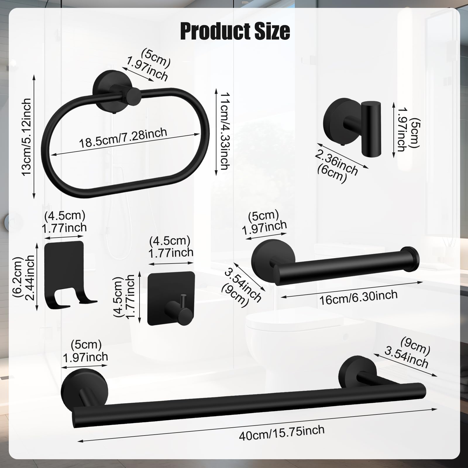 7 Pcs Bathroom Hardware Set, Matte Black Stainless Steel Bathroom Tower Rack Set Wall Mounted Includes 16'' Towel Bar, Toilet To