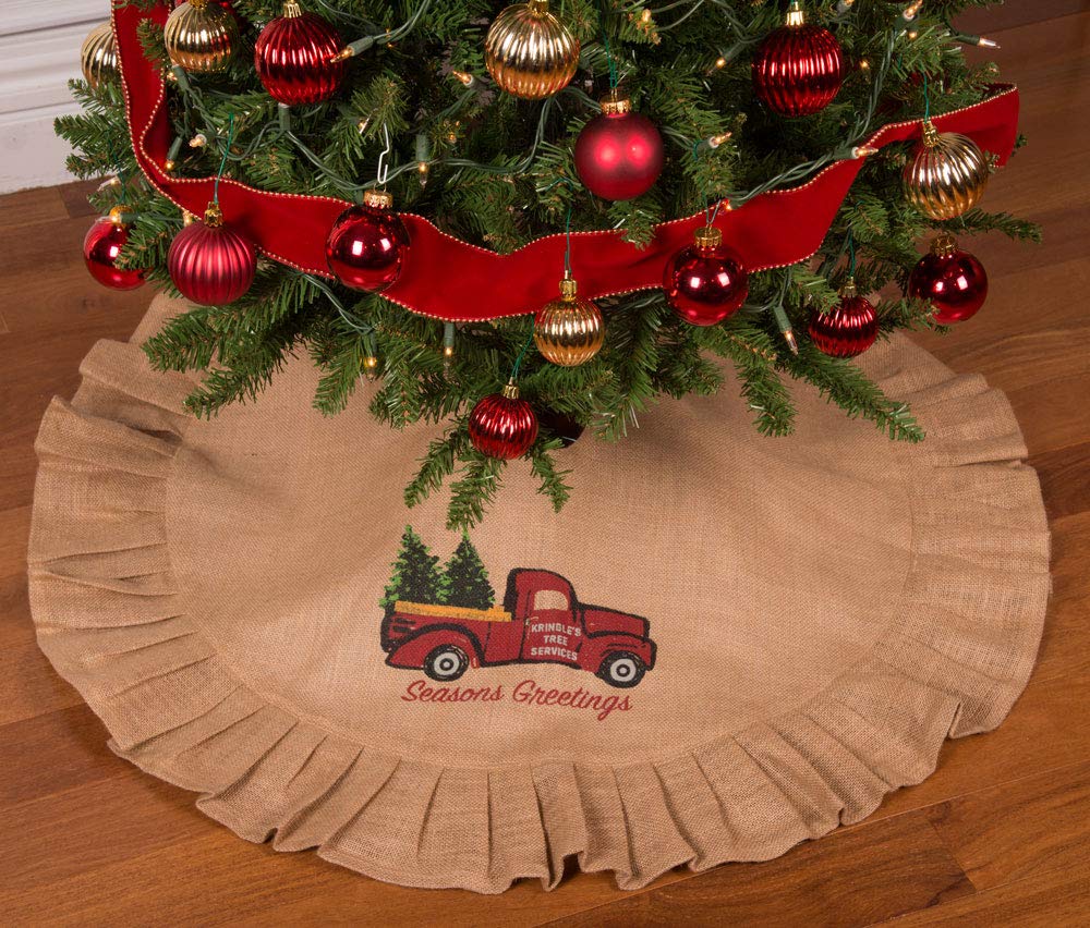 36 Tan Tree Skirt with Ruffled Edge and Vintage Red Truck Delivering Christmas Trees