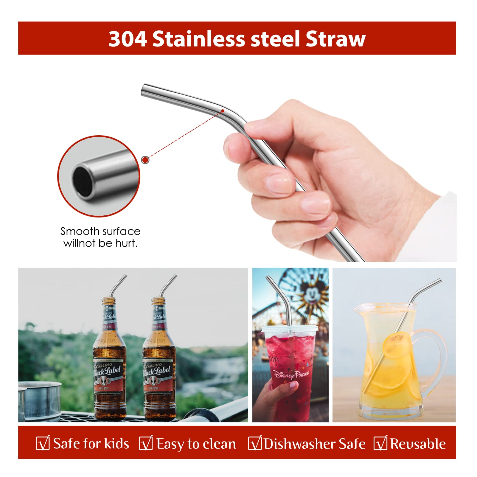 8 Piece 5/16 Inch (8Mm) Wide Bent Stainless Steel Straws For 40 Oz Tumbler With Handle, 12 Inch Long Reusable Metal Drinking Str