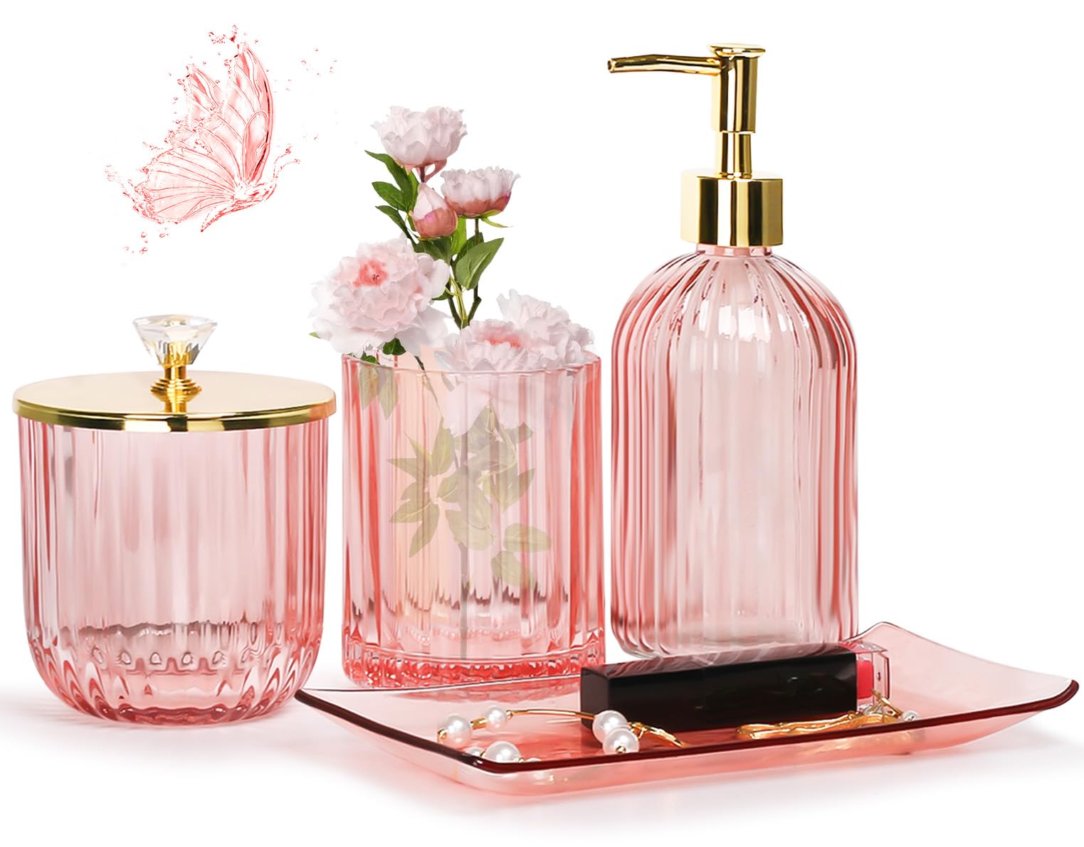 Jenseits Pink Bathroom Accessories Set, 4 Pcs Glass Bathroom Accessory Sets, Soap Dispenser, Toothbrush Holder, Qtip Holder, Van