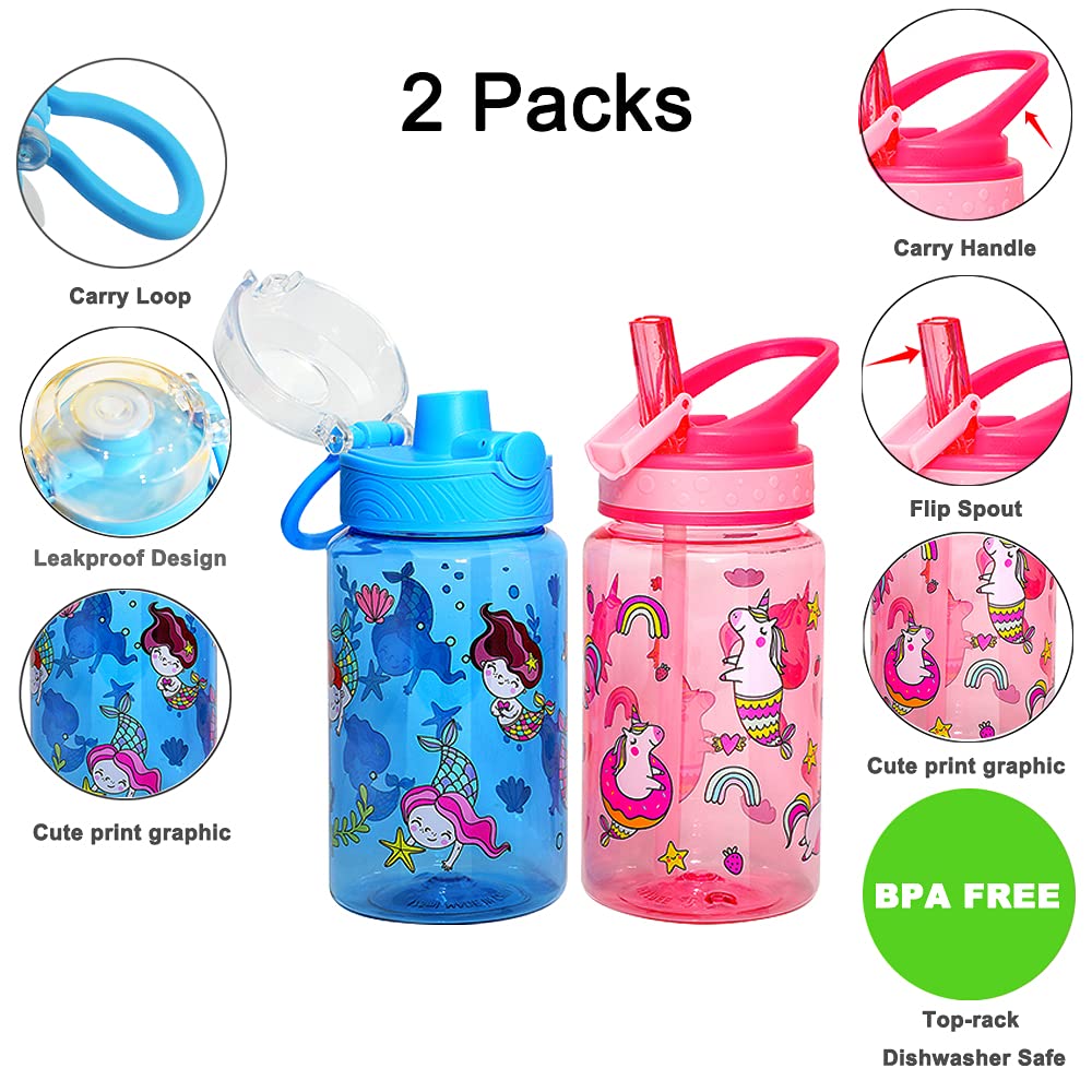 Home Tune 16Oz Kids Water Drinking Bottle - Tritan Bpa Free, Auto Flip Chug Lid, Sip Straw Lid, Carry Loop, Lightweight, Leak-Pr