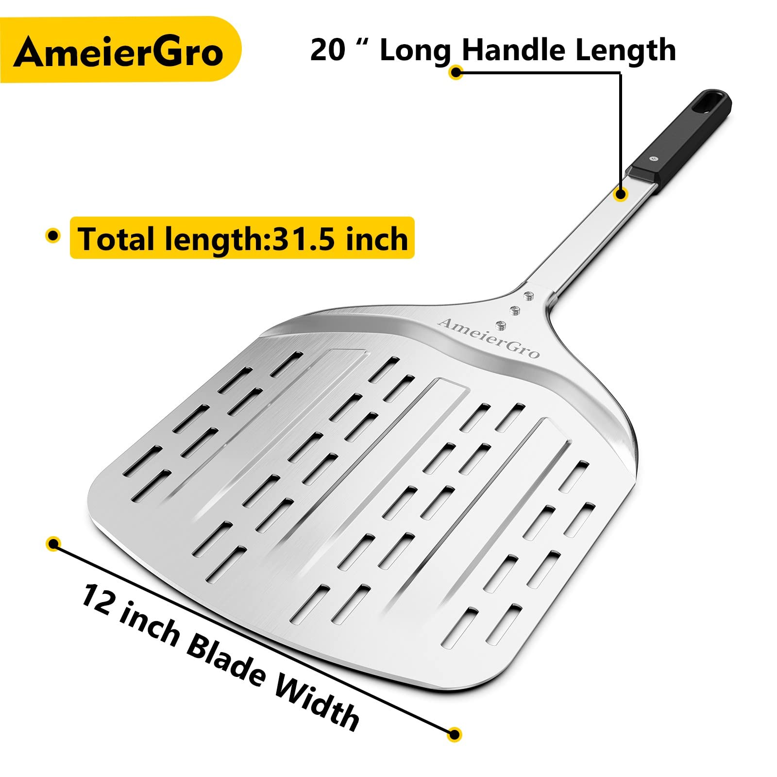 Ameiergro 12'' Perforated Pizza Peel, Long Handle(31'') Anodised Aluminum Pizza Spatula Paddle, Pizza Oven Accessories For Pizza