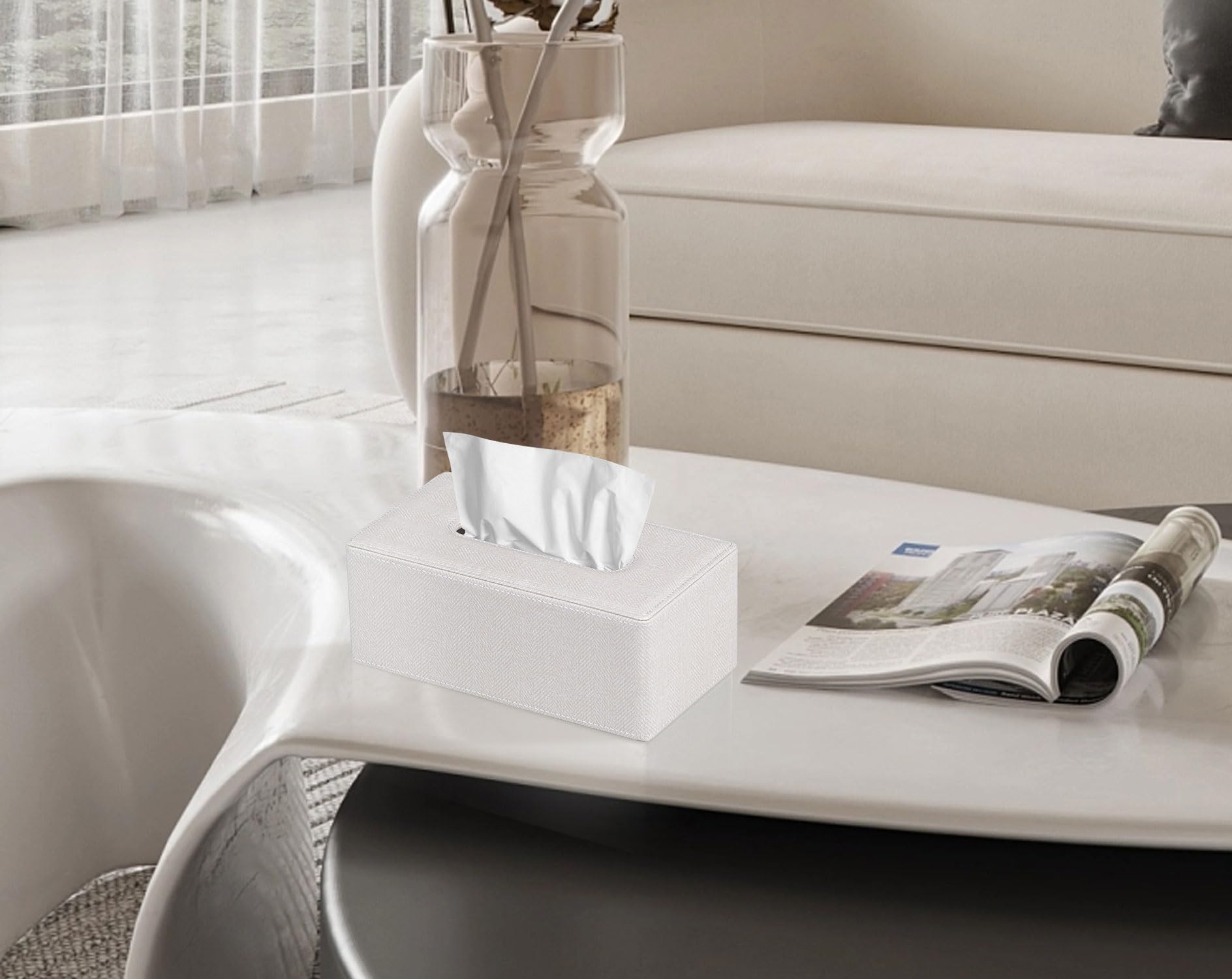 Golranlye Tissue Box Cover Rectangular 9.8''(L) X 5.3''(W) X 4.3''(H) Refined Modern Pu Leather Facial Tissue Dispenser Box Hold