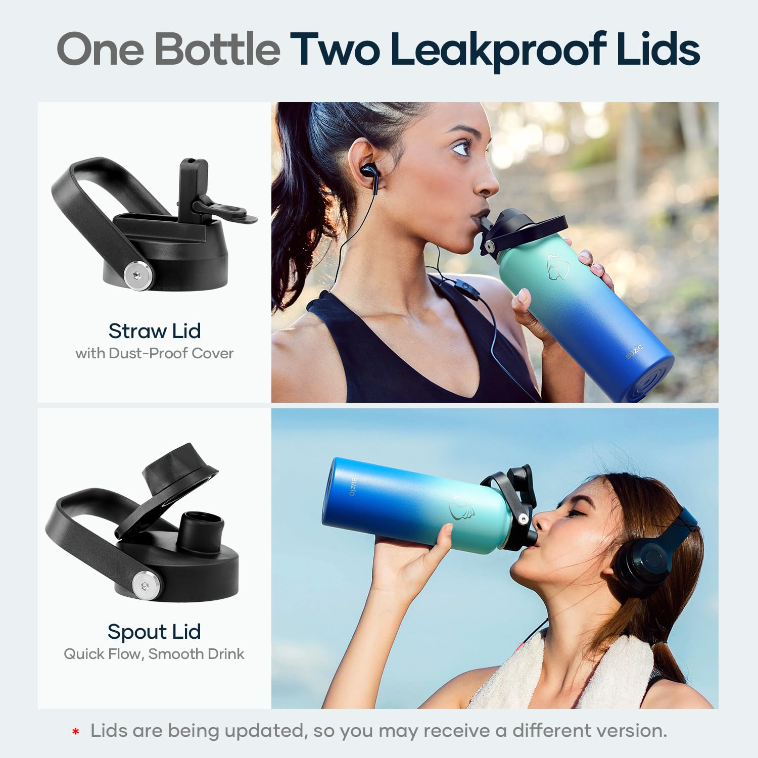 BUZIO Double Wall Stainless Steel Sports Wide Mouth Water Bottle  BPA-Free Flex Cap and Straw Lid  40 Ounces & 32 Ounces Water Bottle  Sea Breeze