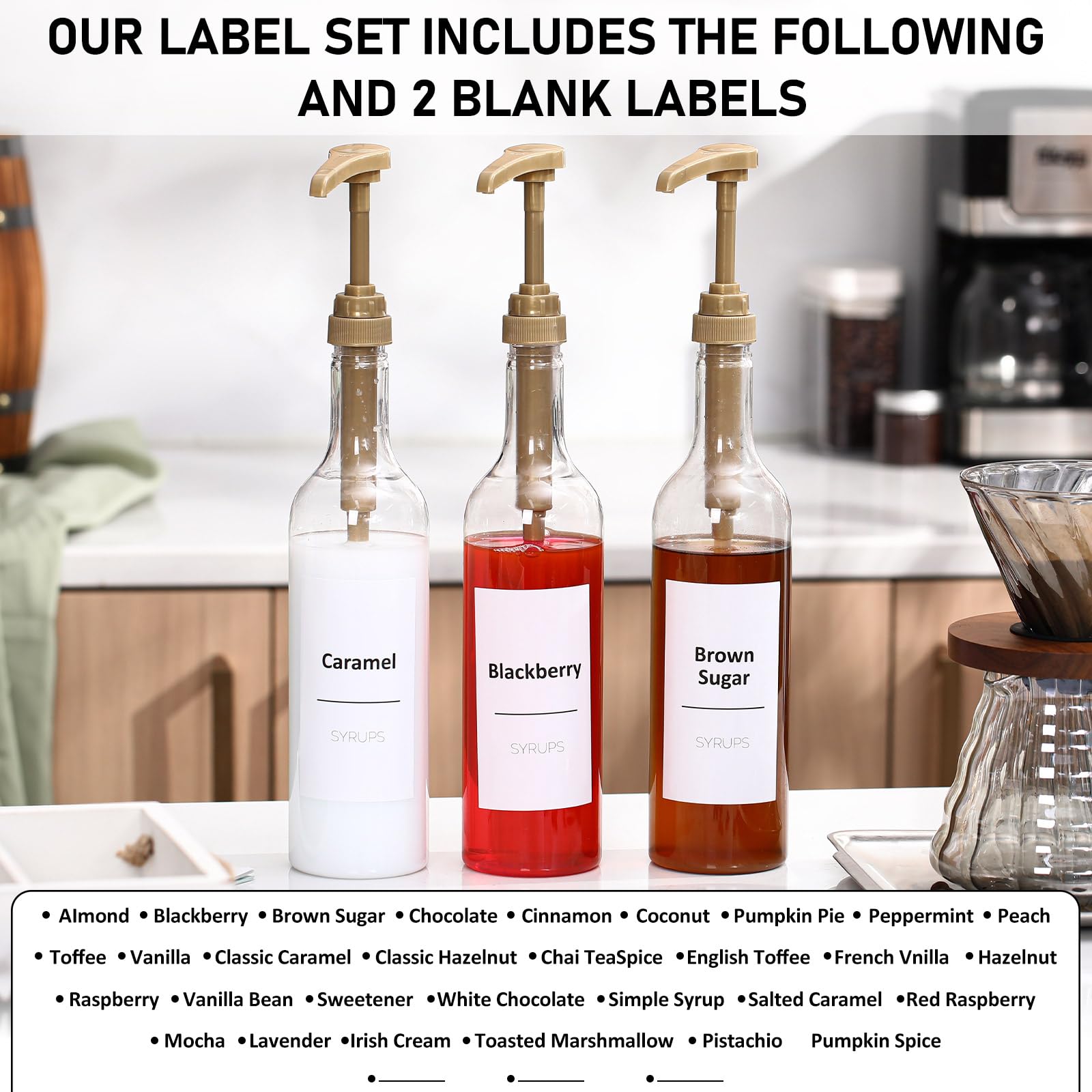 Bokon 4 Pcs Coffee Syrup Dispenser 25.4 Oz 750 Ml Coffee Syrup Gold Pump Bottles With Comprehensive Label Set And Funnel For Cof