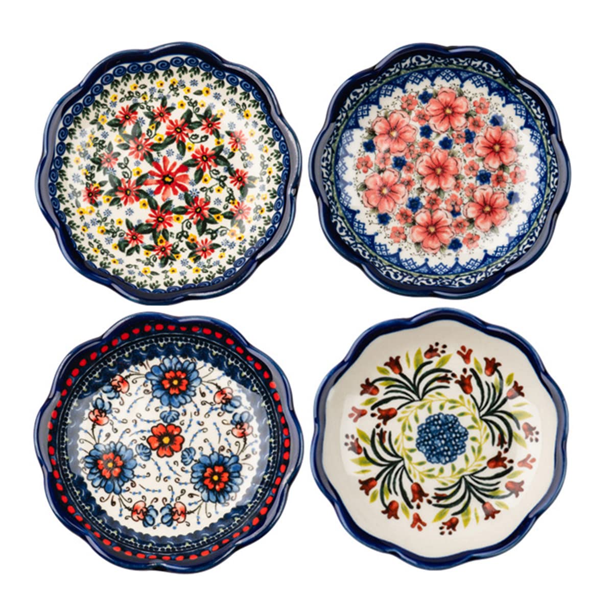 Sizikato 4Pcs Porcelain Appetizer Plate, 4-Inch Snack Plate Sauce Dipping Saucer, Exotic Flower Pattern