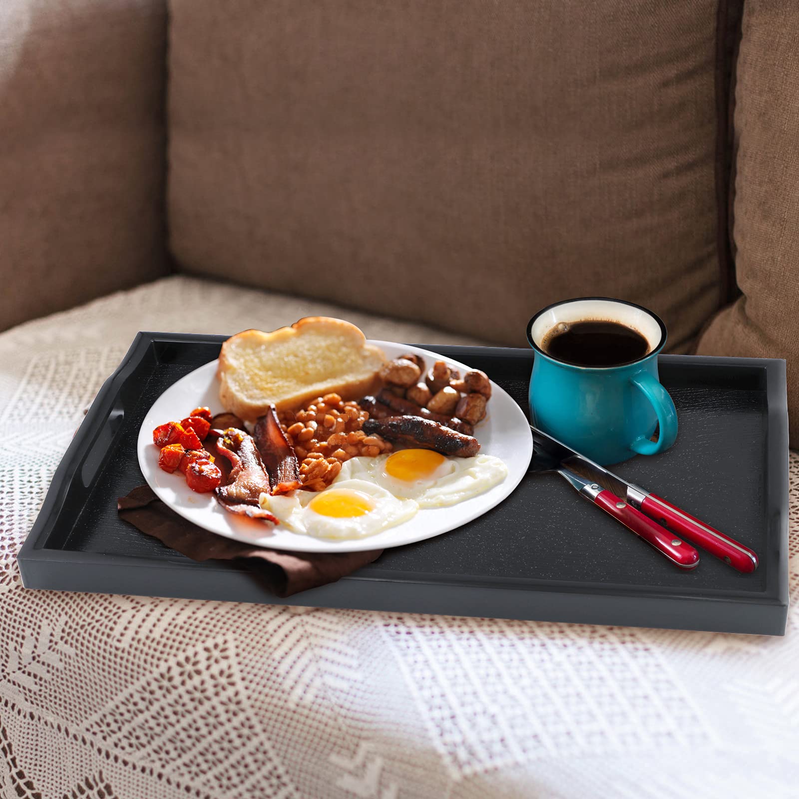 Mdluu Set Of 2 Plastic Serving Tray, Ottoman Tray With Cutout Handles, Rectangle Butler Tray For Breakfast In Bed, Coffee Table,