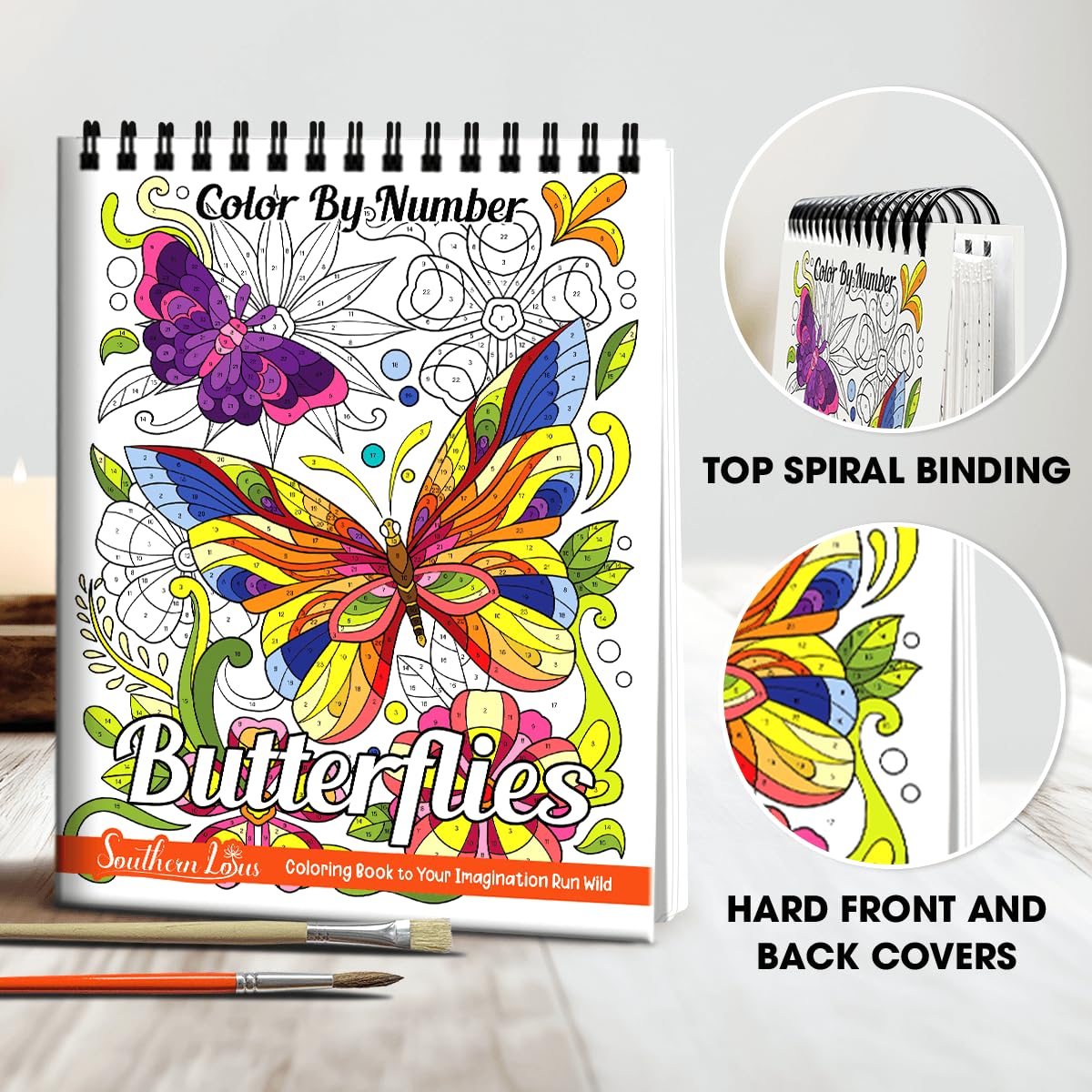 SOUTHERN LOTUS Spiral Coloring Book - Color by Number Butterfly & Flower Patterns, 11L x 8.5W, Paper, White, Model ZTKF4JKH9USL