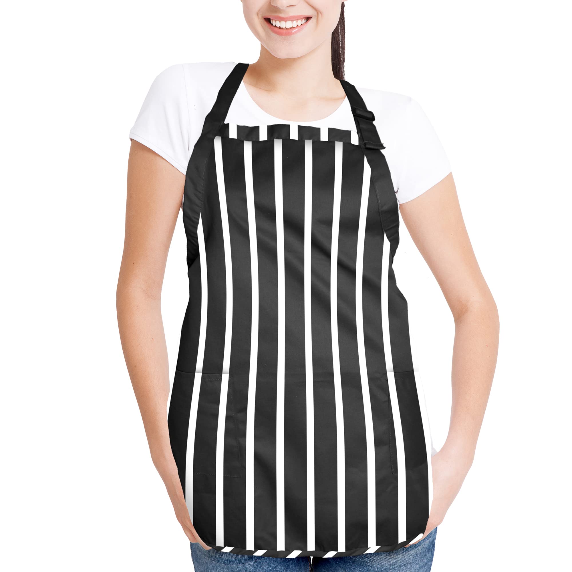 Dalix Apron Commercial Restaurant Home Bib Spun Poly Cotton Kitchen Aprons (2 Pockets) In Pinstripe Black/White