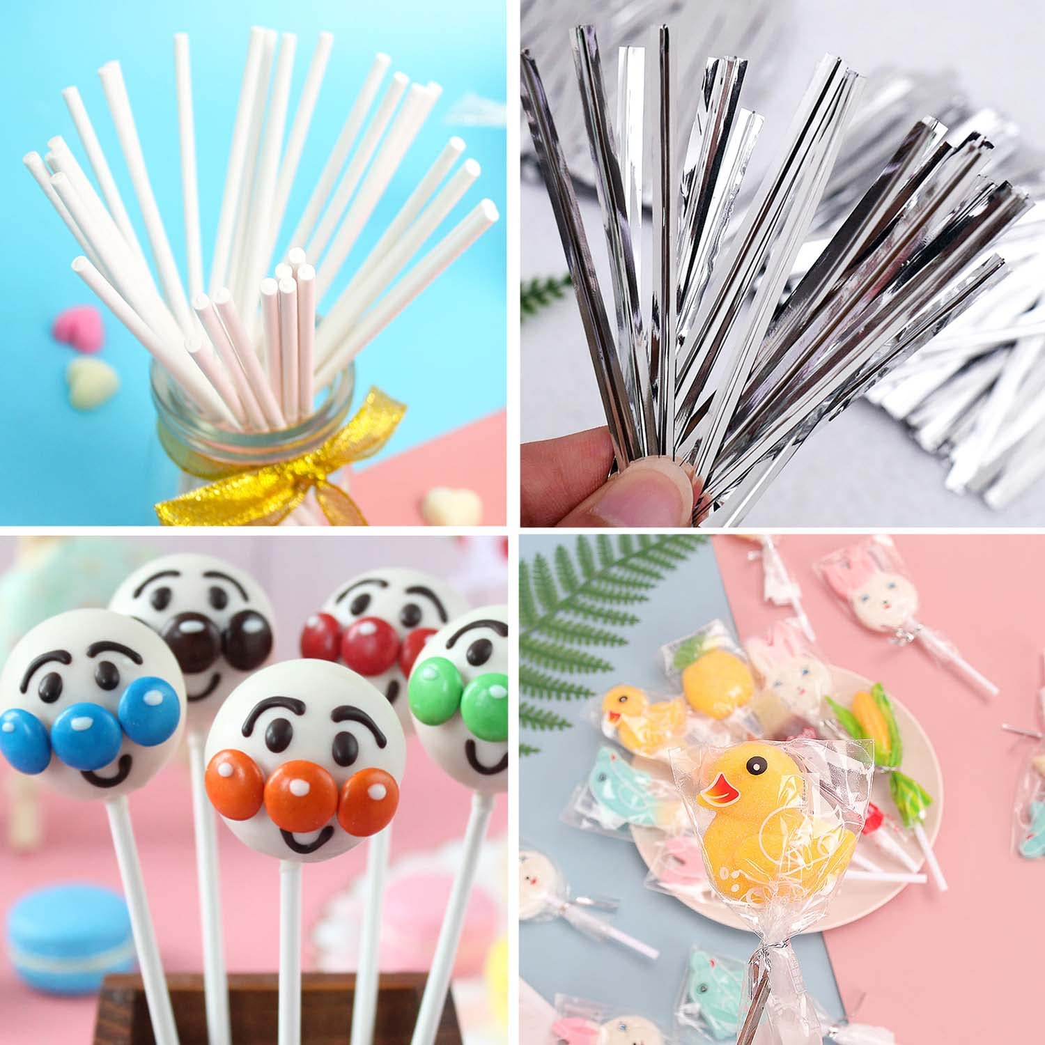 Silver Lollipop Cake Pop Treat Bag Set Including 100Pcs Parcel Bags, 100Pcs Papery Treat Sticks, 100Pcs Colorful Metallic Twist