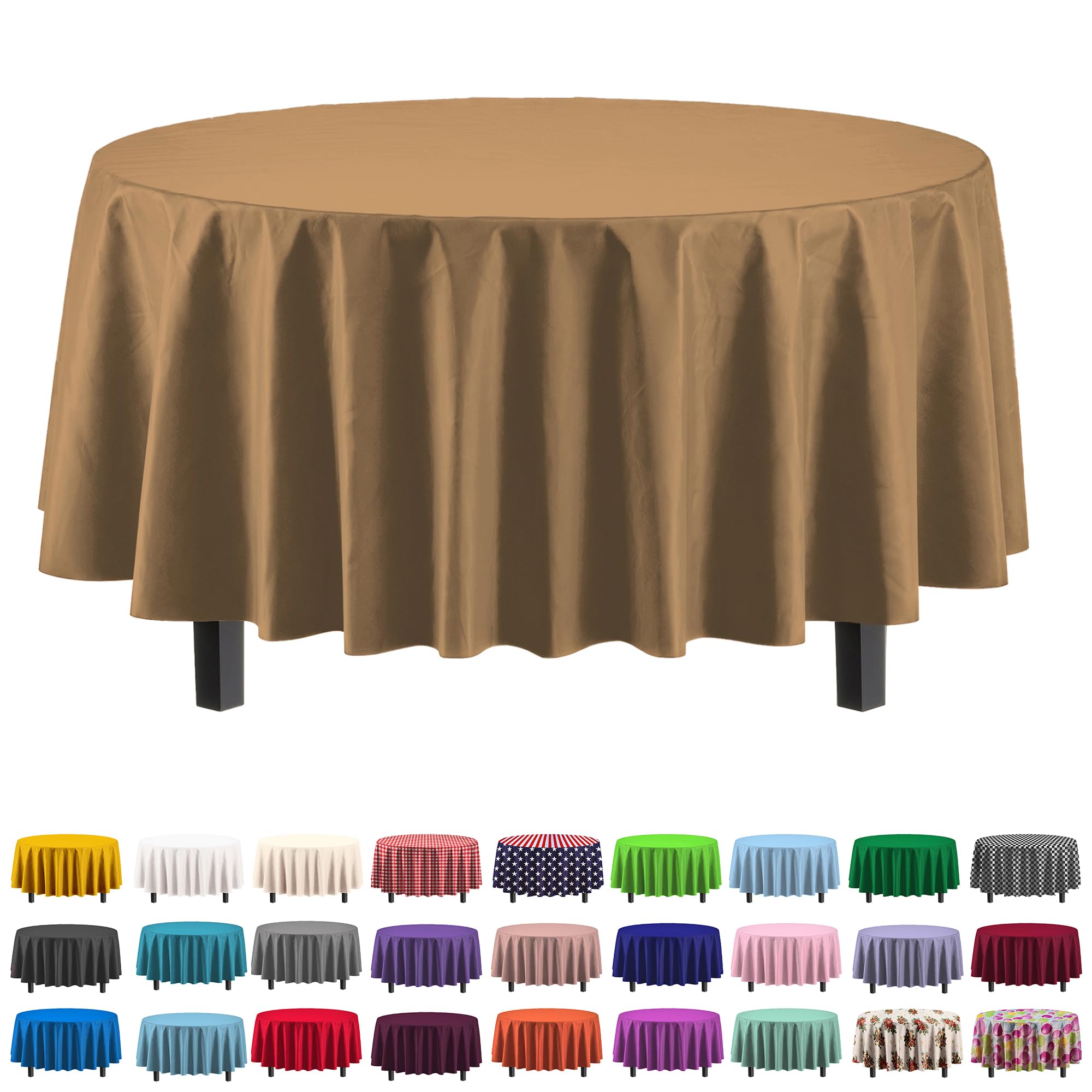 Exquisite 6-Pack Premium Plastic Tablecloth 84In. Round Plastic Table Cover - Gold