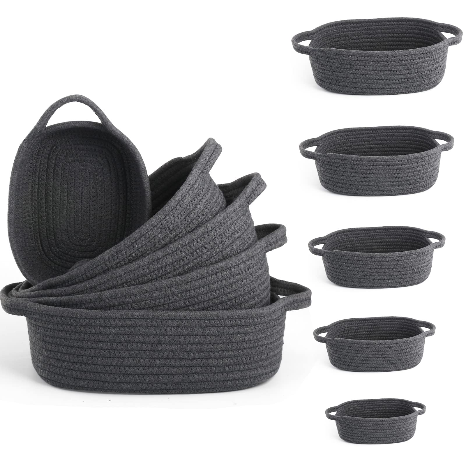VOOWO Set of 5 Rectangular Cotton Rope Baskets for Storage, Organizing, Decorating, Dark Gray