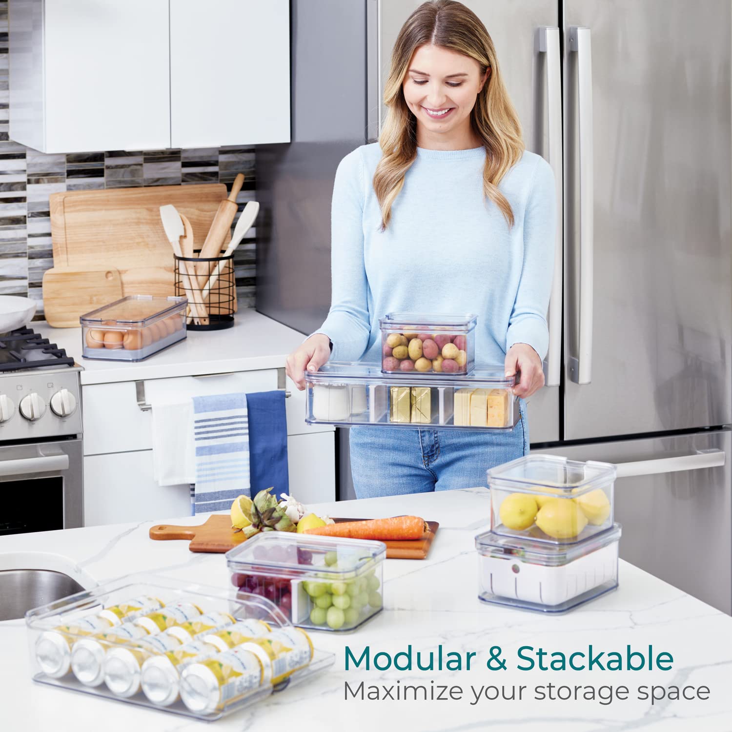 iDesign Plastic Refrigerator Organizer Bin Set The Spruce Fridge Binz  Set of 7  Clear/Matte White  7 Count