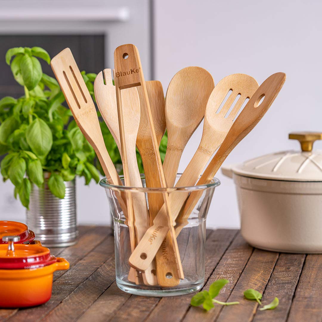 Wooden Spoons for Cooking 7-Pack - Bamboo Kitchen Utensils Set for Nonstick Cookware - Wooden Cooking Utensils Set  Wood Spatula Spoon Tongs