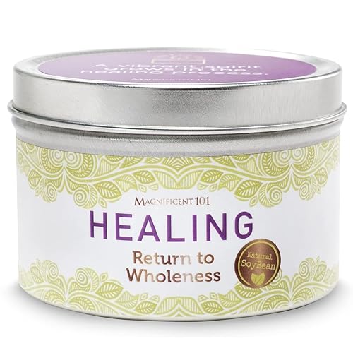 Magnificent 101 Healing Aromatherapy Candle in 6-oz. Tin Holder: 100% Natural Soy Wax with Palo Santo, Sandalwood & Lavender Ess