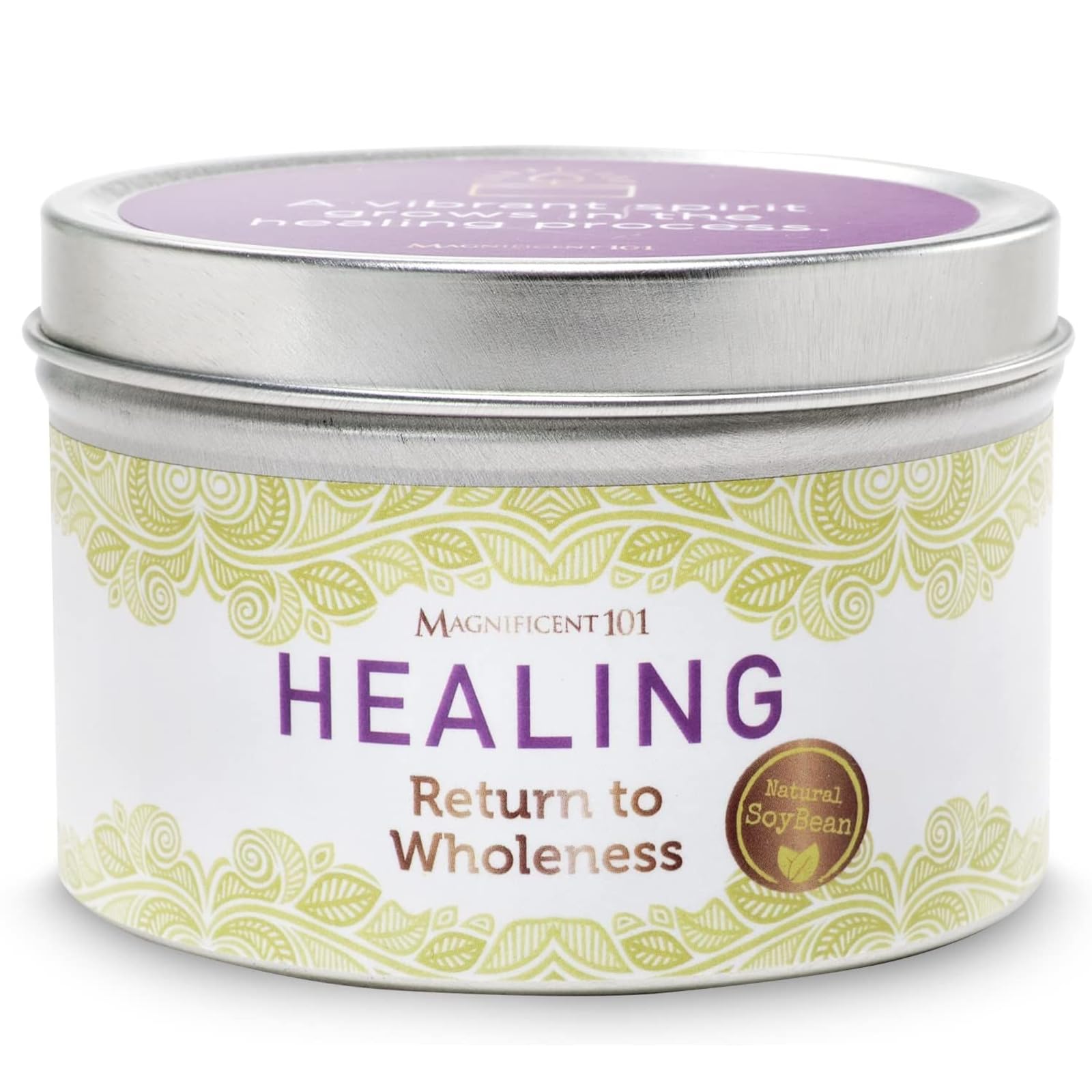 Magnificent 101 Healing Aromatherapy Candle in 6-oz. Tin Holder: 100% Natural Soy Wax with Palo Santo, Sandalwood & Lavender Ess