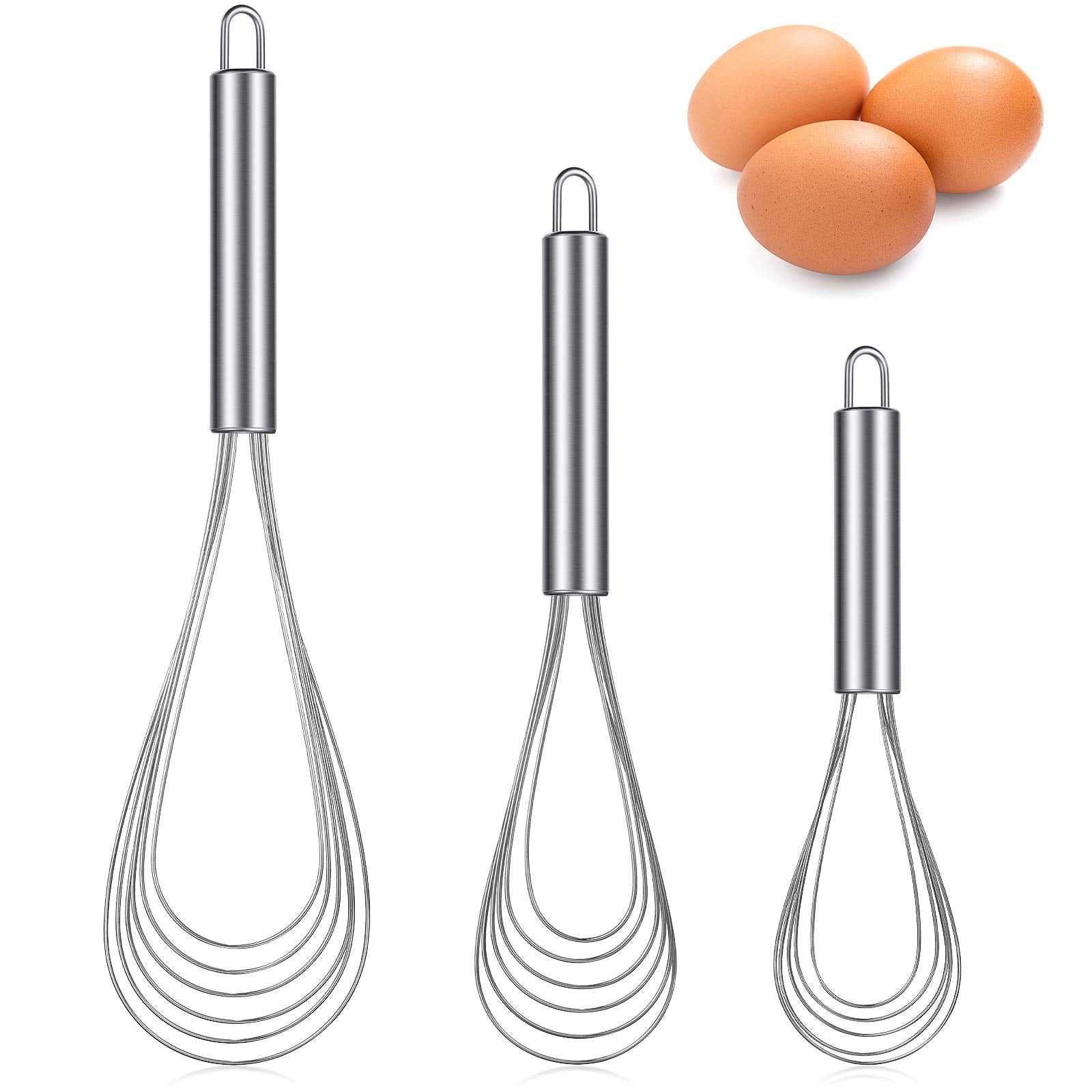 Patelai 3 Pieces Stainless Steel Kitchen Flat Whisk Set Stainless Steel Flat Wire Egg Utensils Whisk 6 Wires Egg Mixing Whisk Fo