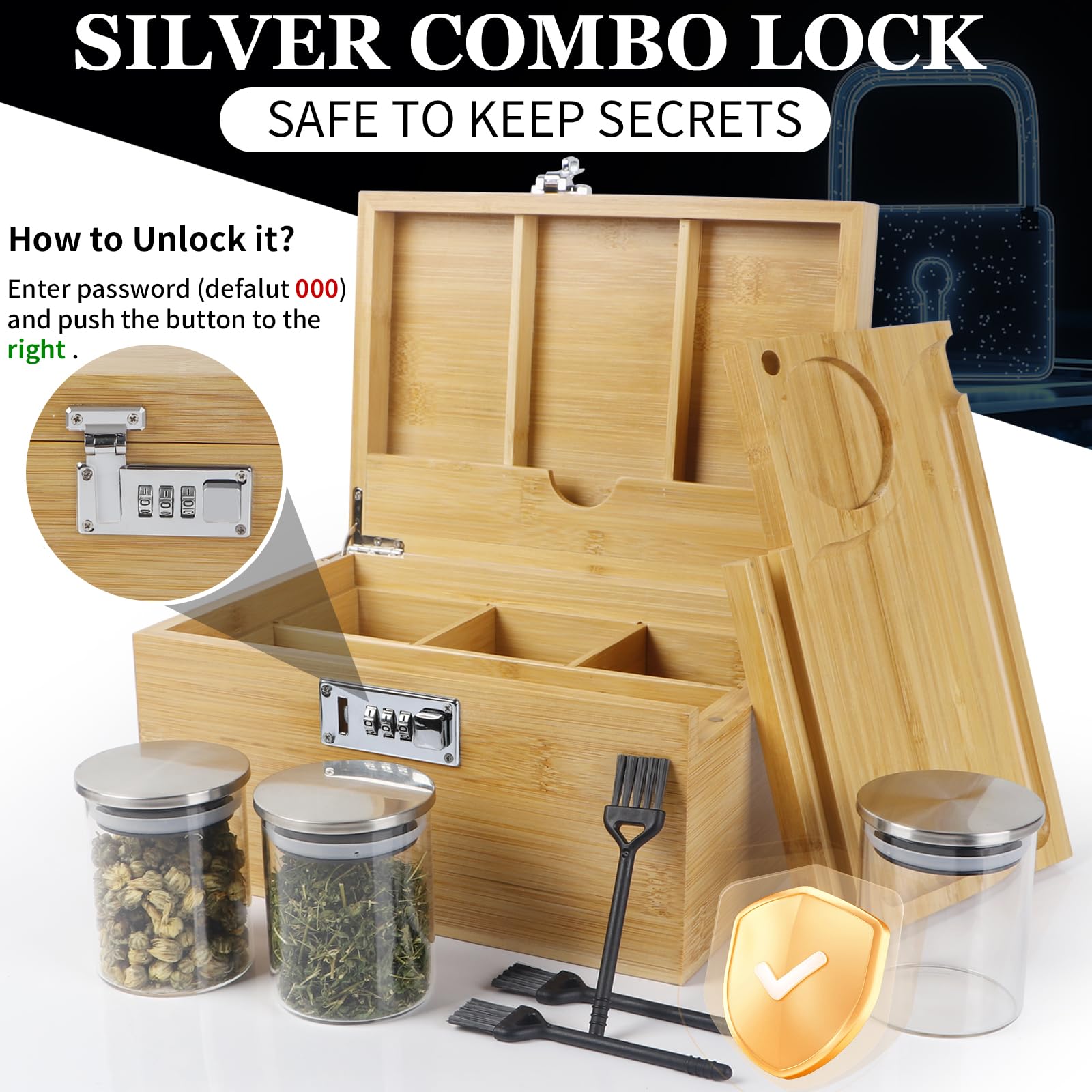 TISEMENT Large Bamboo Box with Combination Lock, Decorative Storage Box with Detachable Compartment, Wooden Boxes with Alright J