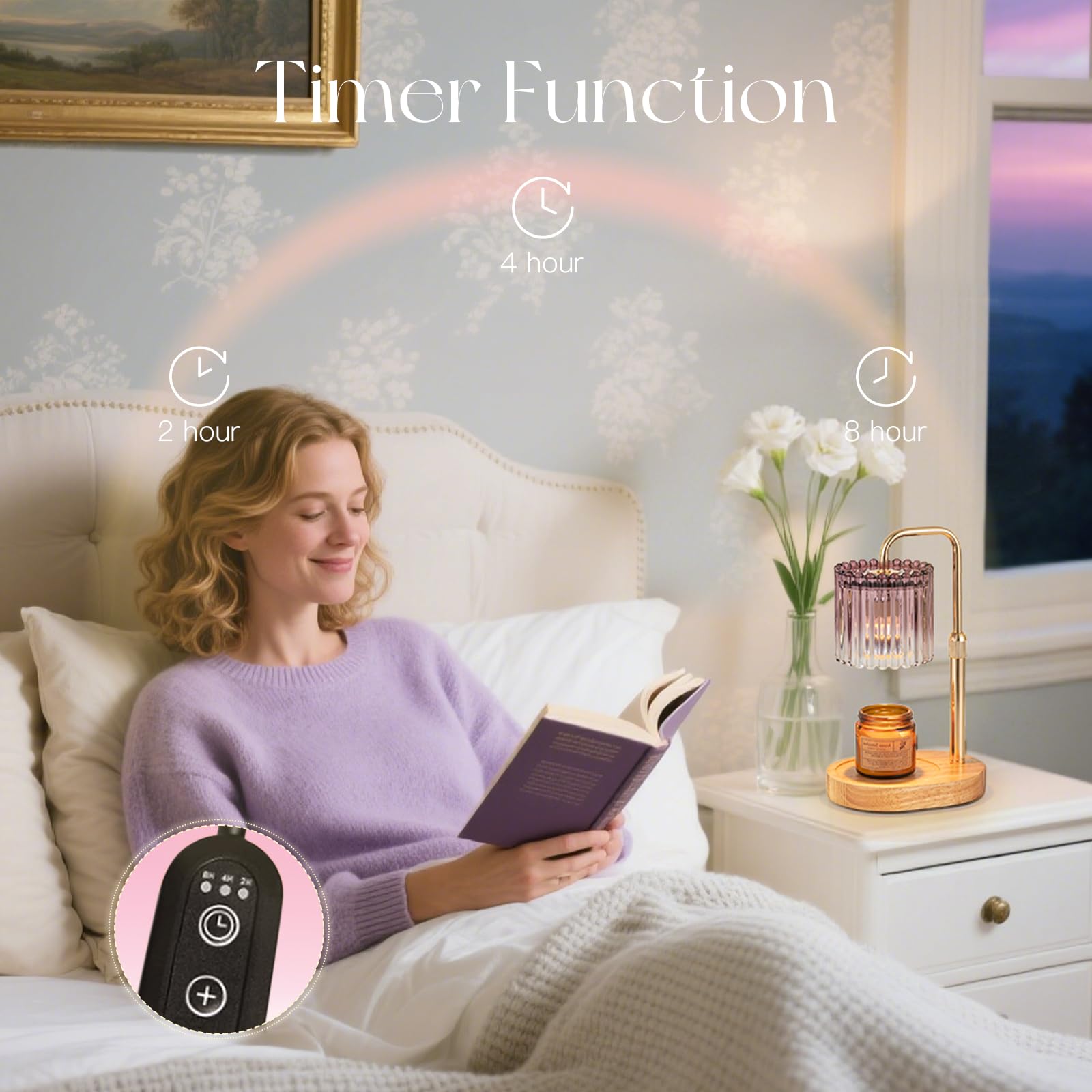 Candeldo Candle Warmer Lamp with Timer: Purple Candle Warming Lamp with 2 Bulbs Height Adjustable Wax Melt Dimmable Bedroom Deco